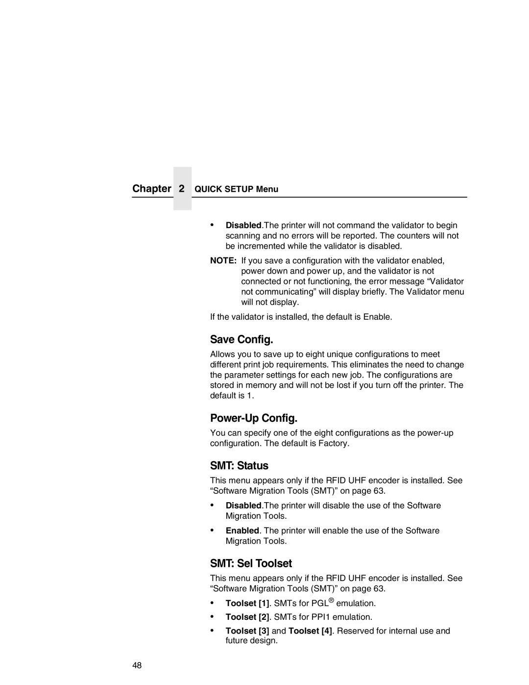 Printronix T5000 setup guide Save Config, Power-Up Config, SMT Status, SMT Sel Toolset 