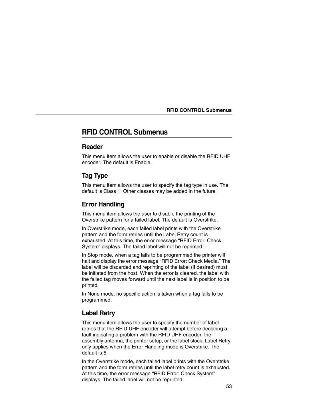Printronix T5000 setup guide Rfid Control Submenus, Reader, Tag Type, Error Handling, Label Retry 