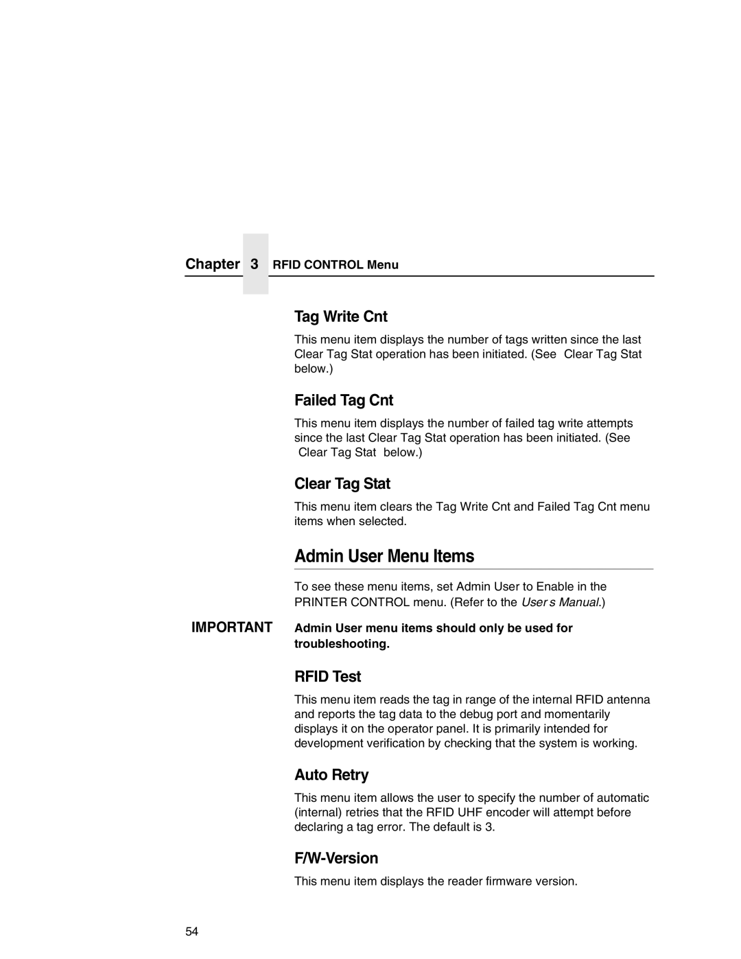 Printronix T5000 setup guide Admin User Menu Items 