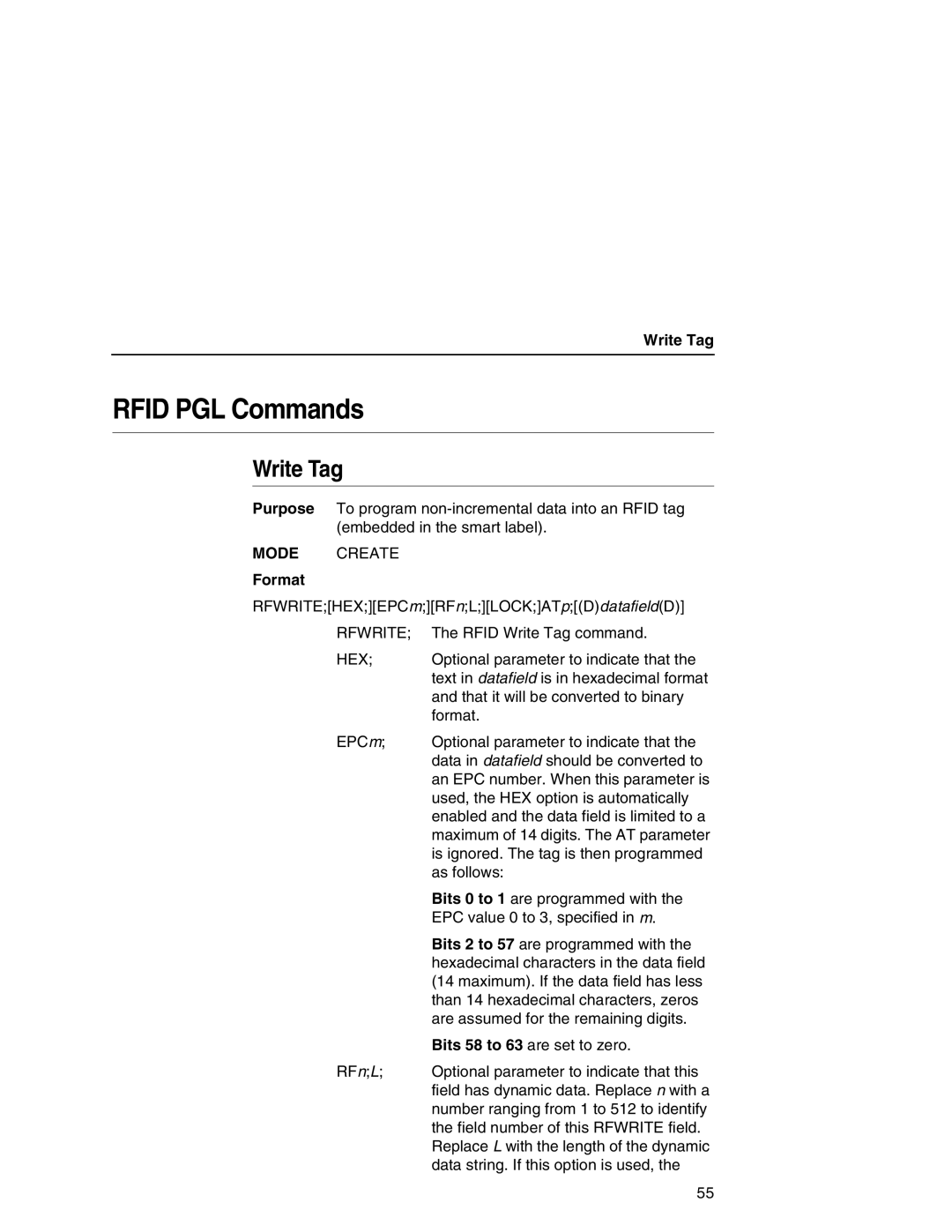 Printronix T5000 setup guide Rfid PGL Commands, Write Tag, Format 