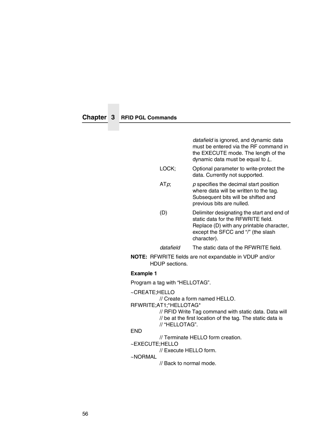 Printronix T5000 setup guide Rfid PGL Commands, Example 