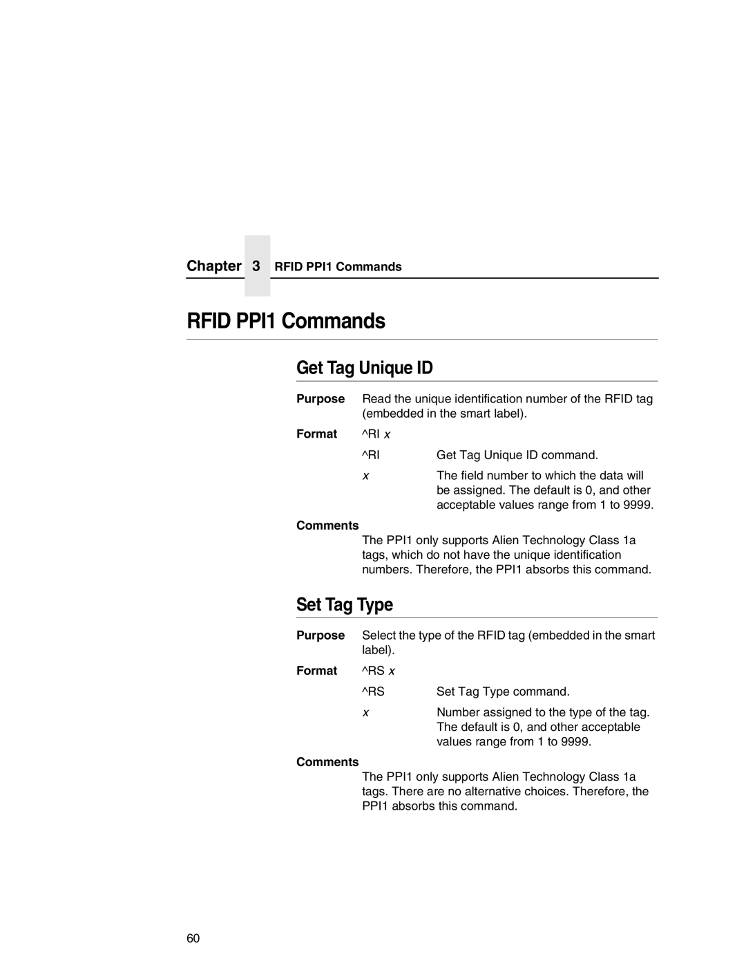 Printronix T5000 setup guide Rfid PPI1 Commands, Get Tag Unique ID, Set Tag Type 