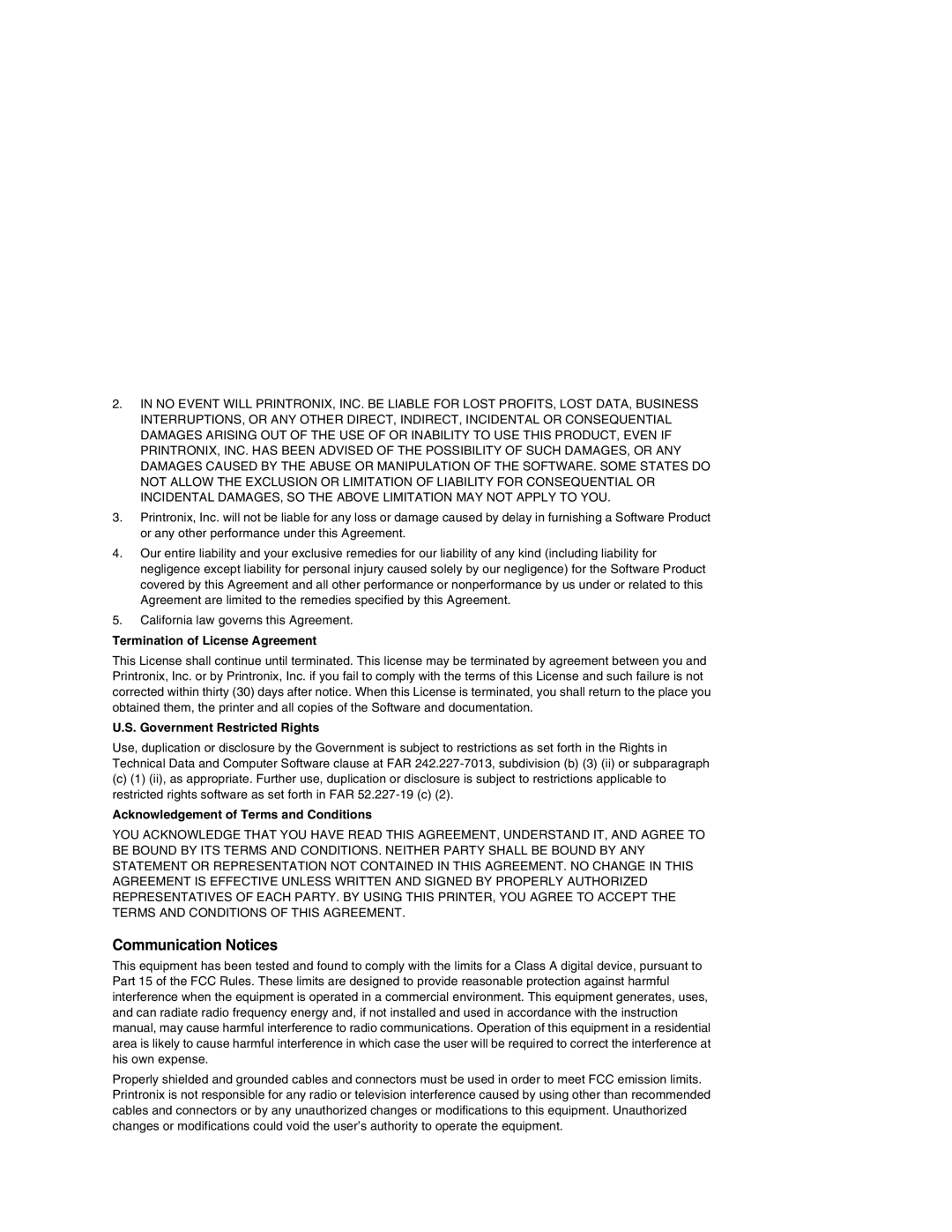 Printronix T5000 setup guide Communication Notices, Termination of License Agreement, Government Restricted Rights 