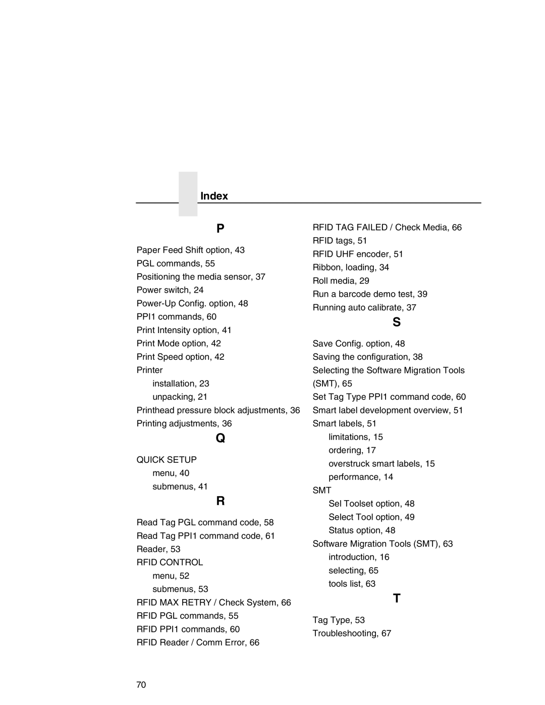 Printronix T5000 setup guide Index, Smt 