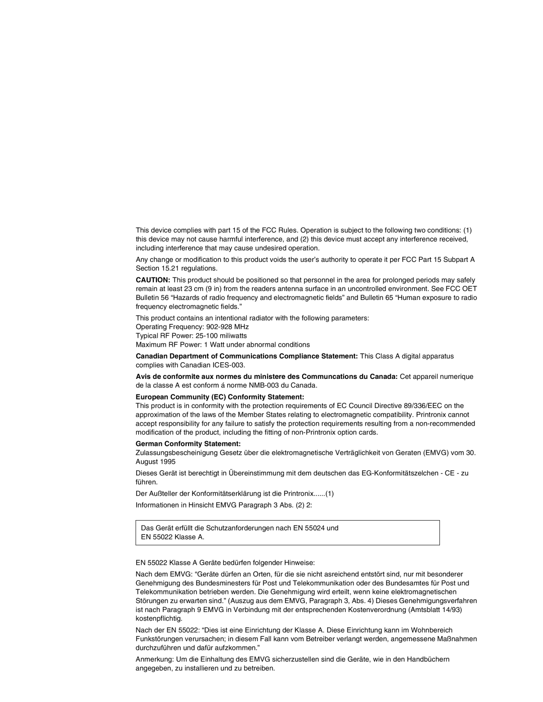 Printronix T5000 setup guide European Community EC Conformity Statement, German Conformity Statement 