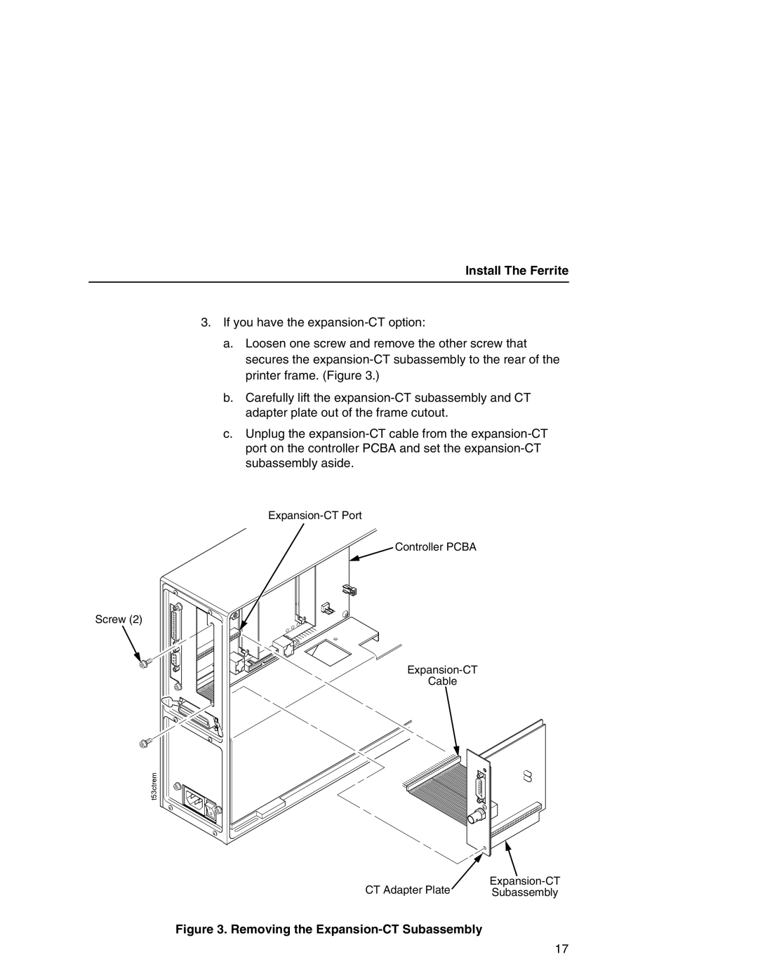 Printronix T5000e Series user manual Install The Ferrite, Removing the Expansion-CT Subassembly 