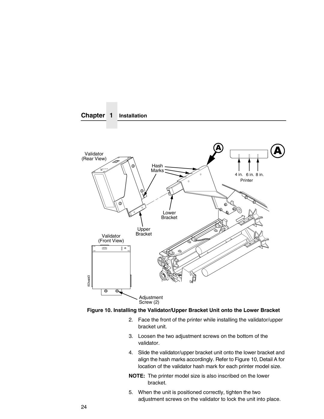 Printronix T5000e Series user manual Validator Rear View Hash Marks Lower Bracket Upper 