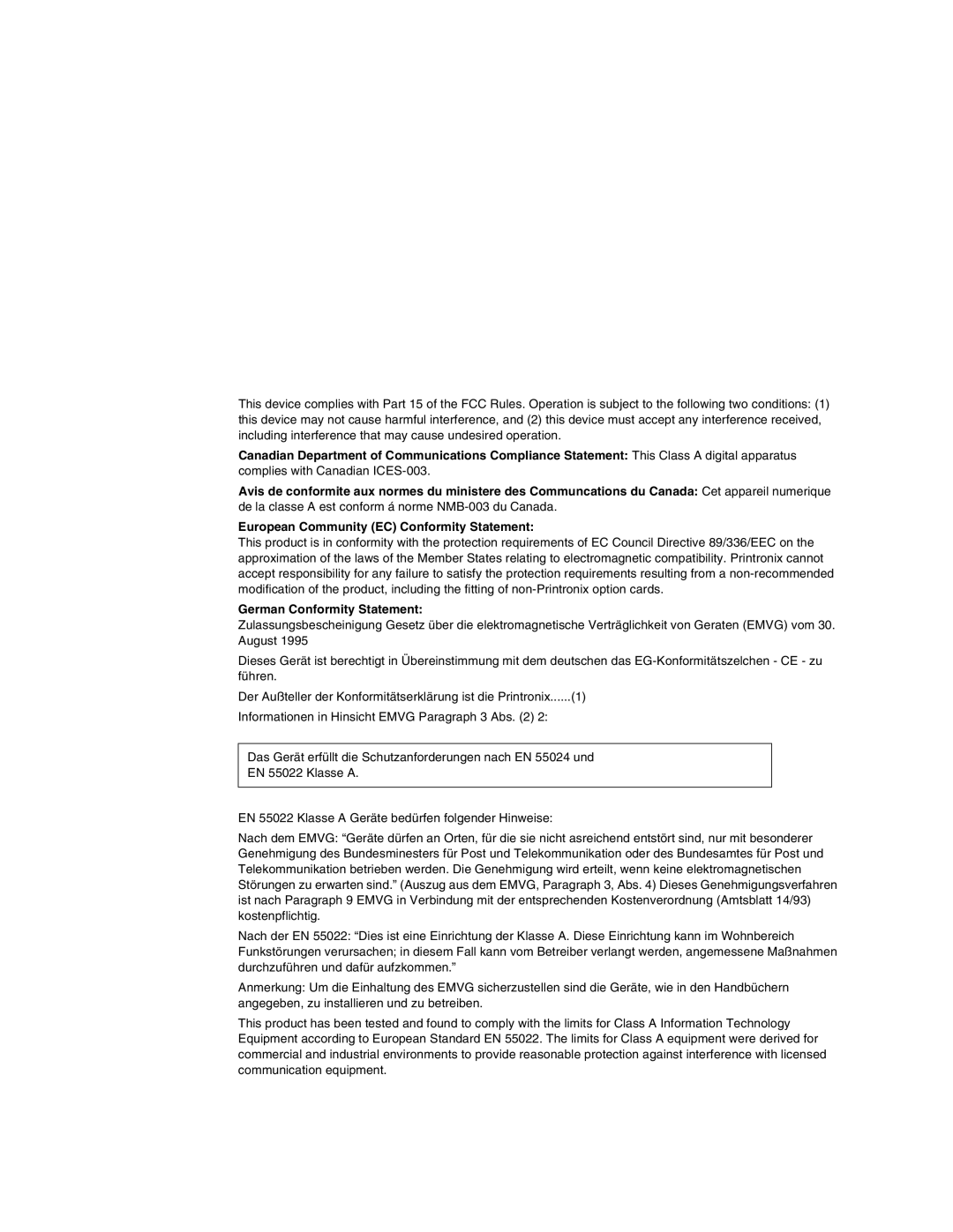 Printronix T5000e Series user manual European Community EC Conformity Statement 