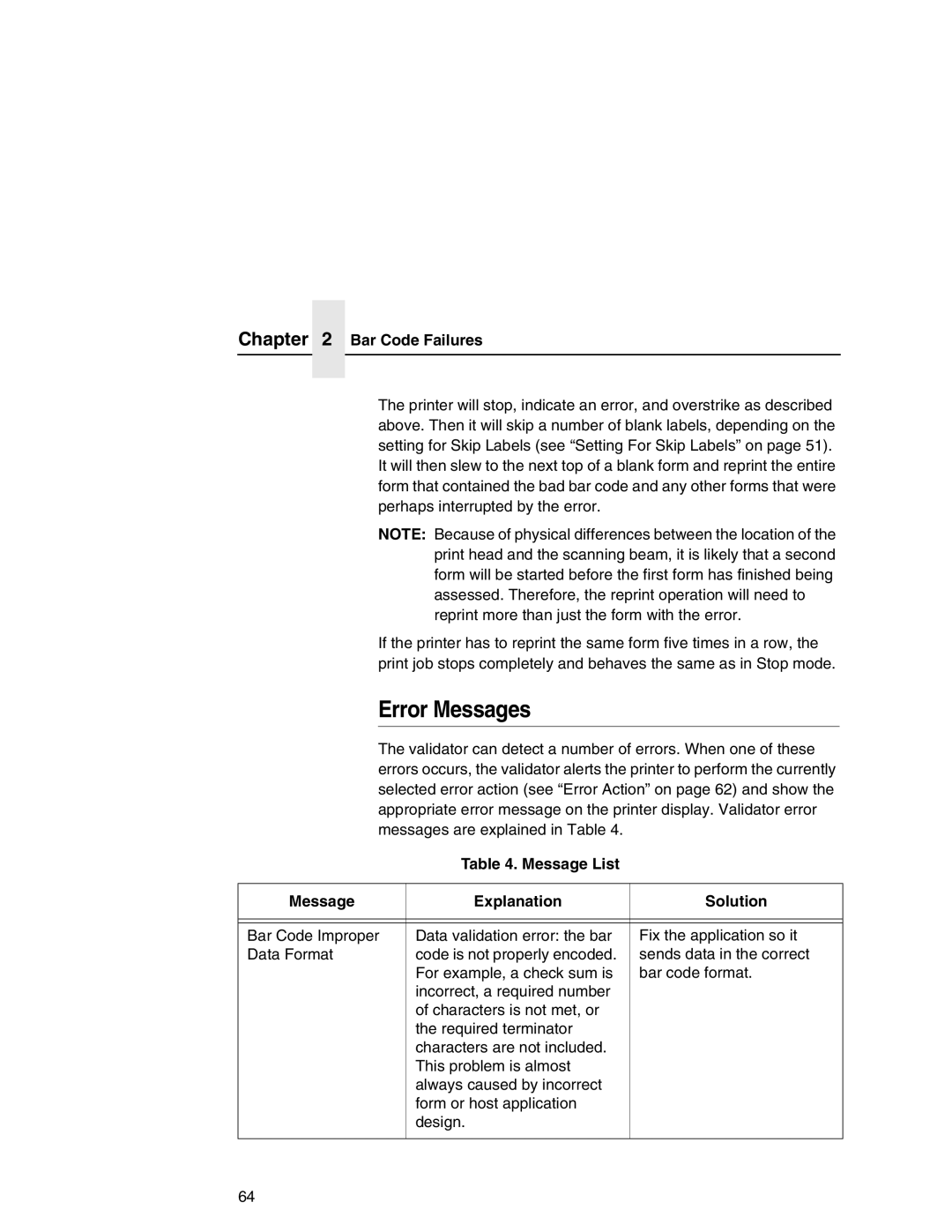 Printronix T5000e Series user manual Error Messages, Message List Explanation Solution 