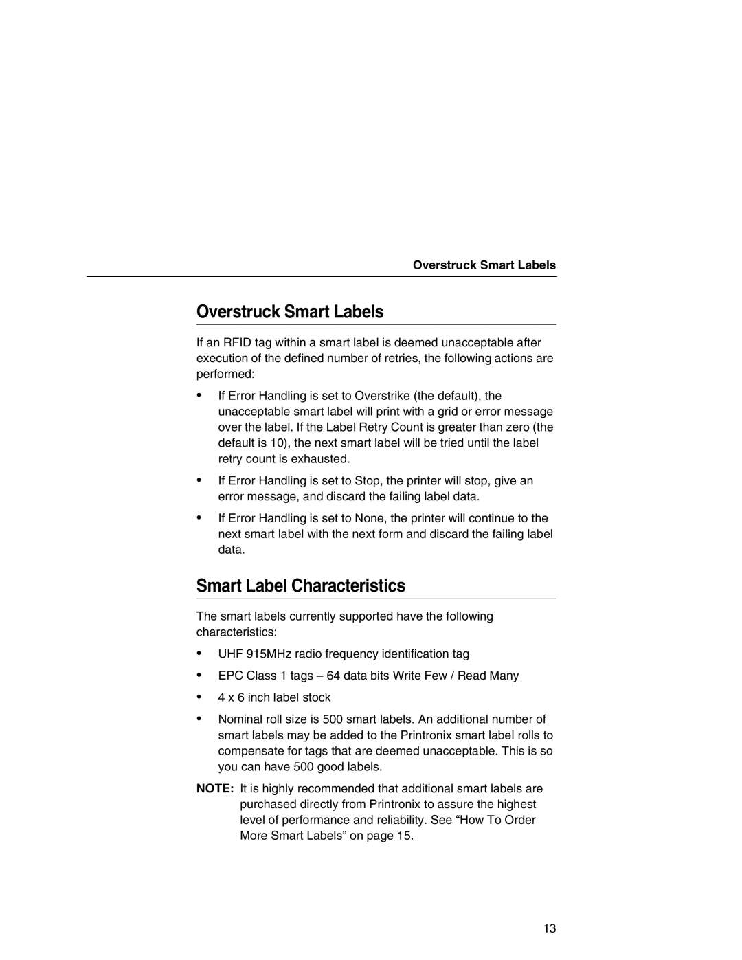 Printronix T5000e setup guide Overstruck Smart Labels, Smart Label Characteristics 