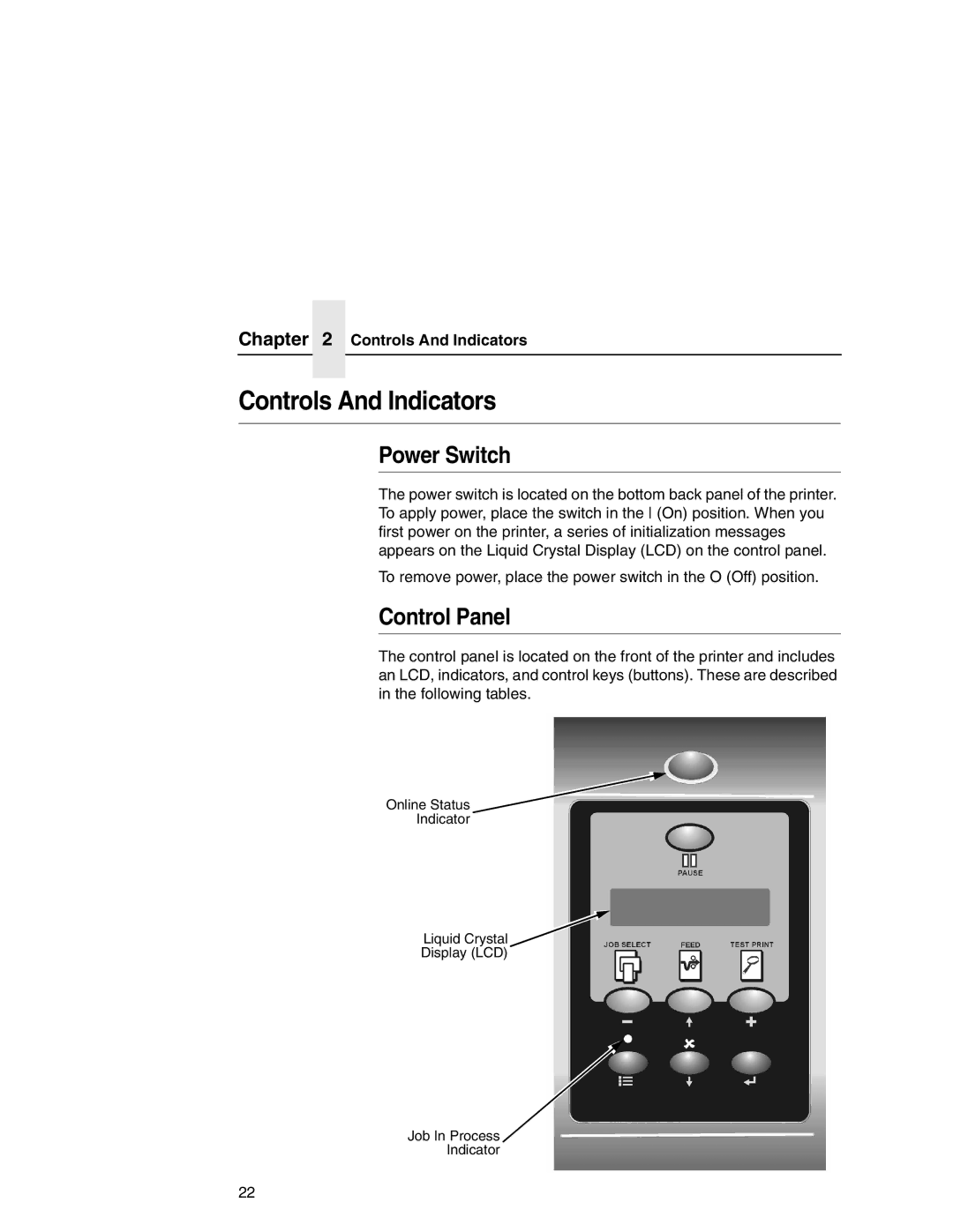 Printronix T5000e setup guide Controls And Indicators, Power Switch, Control Panel 