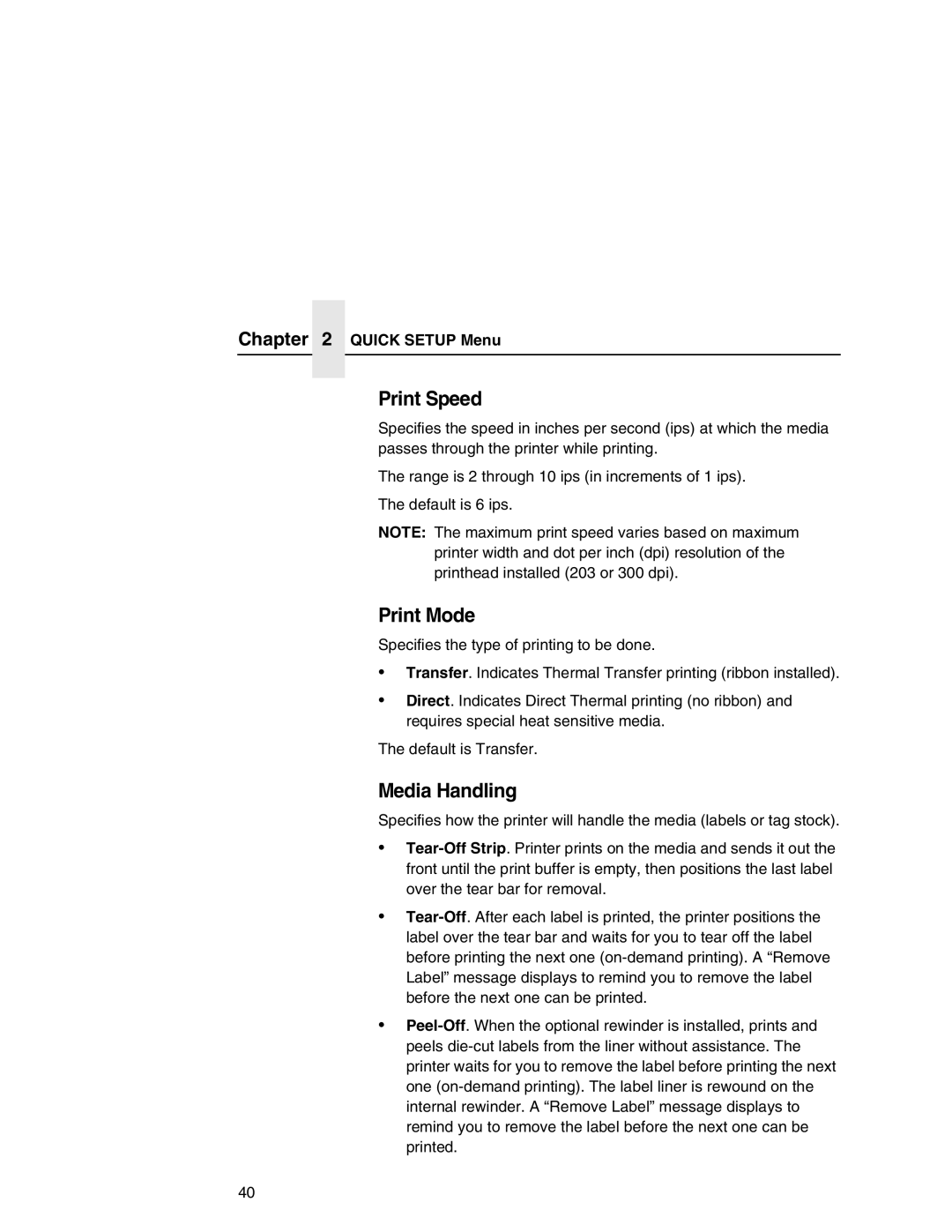 Printronix T5000e setup guide Print Speed, Print Mode, Media Handling 