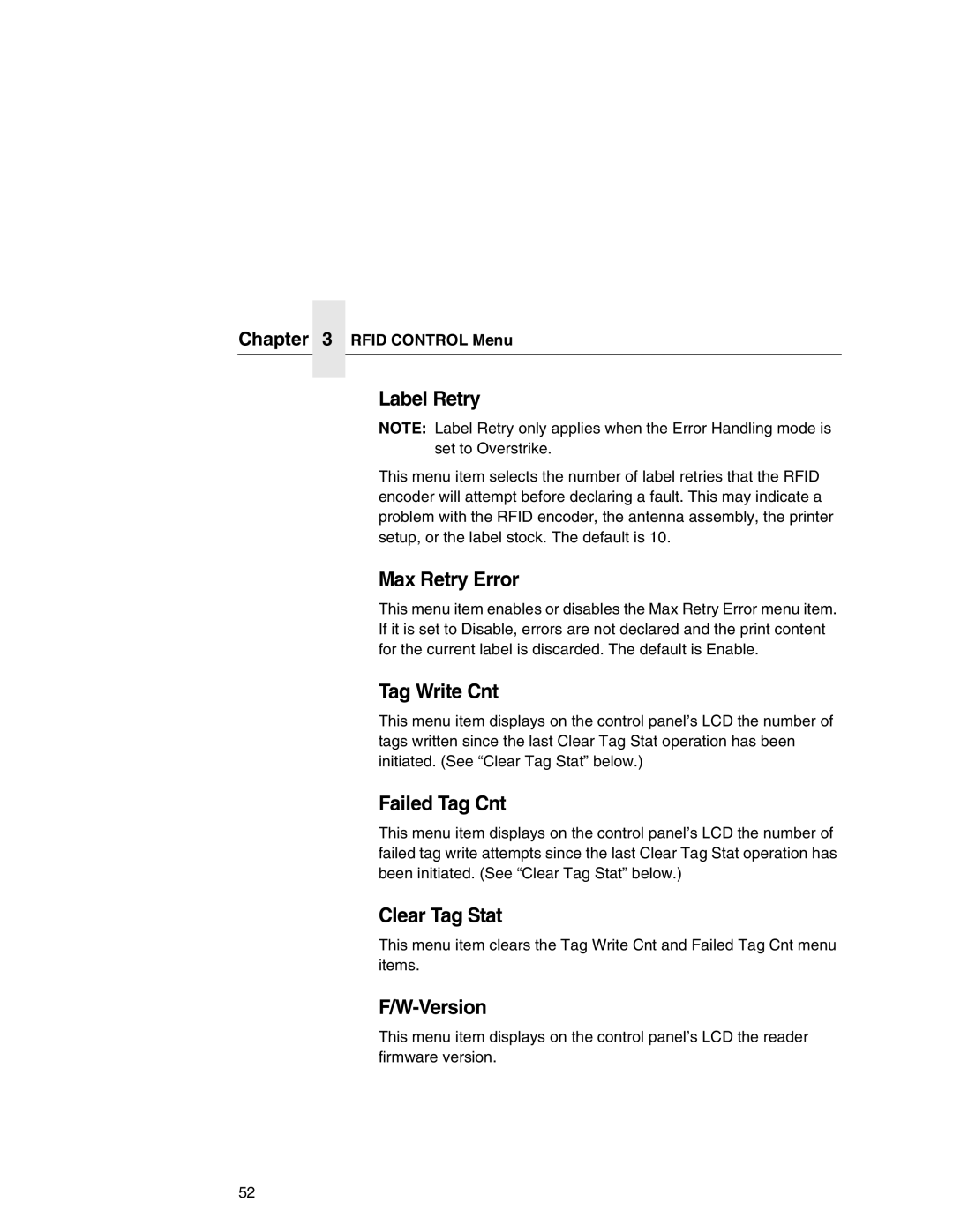 Printronix T5000e setup guide Label Retry, Max Retry Error, Tag Write Cnt, Failed Tag Cnt, Clear Tag Stat, Version 