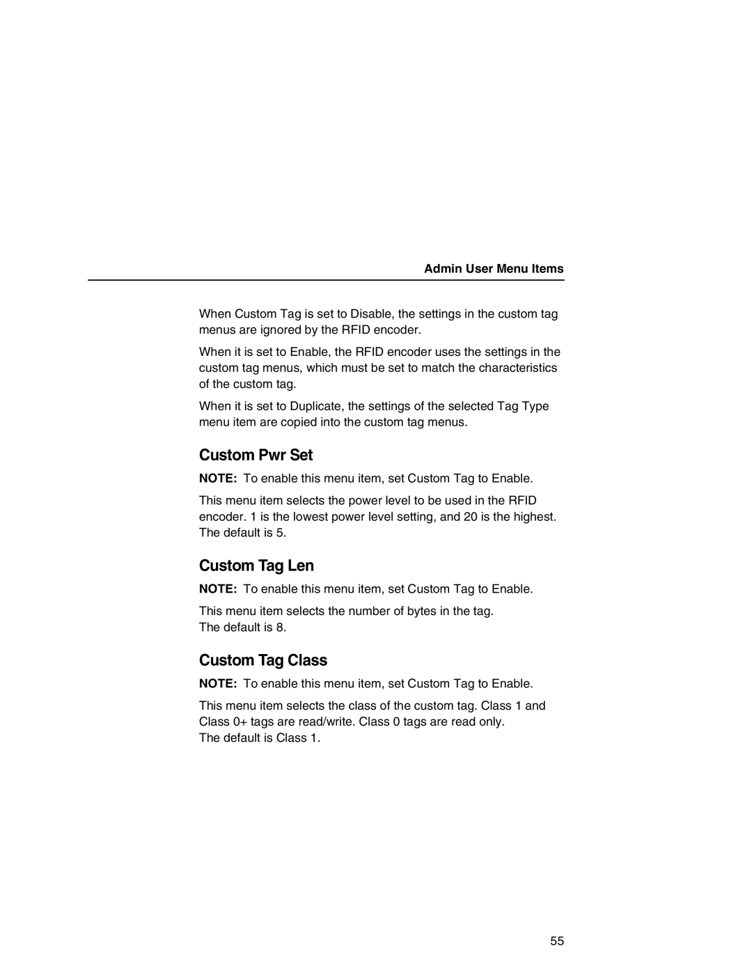 Printronix T5000e setup guide Custom Pwr Set, Custom Tag Len, Custom Tag Class, Admin User Menu Items 