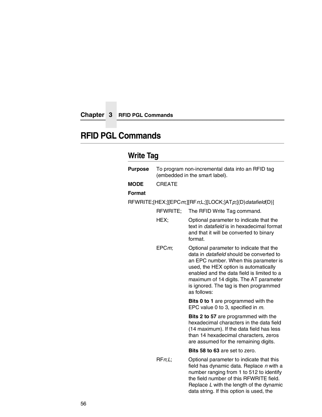 Printronix T5000e setup guide Rfid PGL Commands, Write Tag, Format 