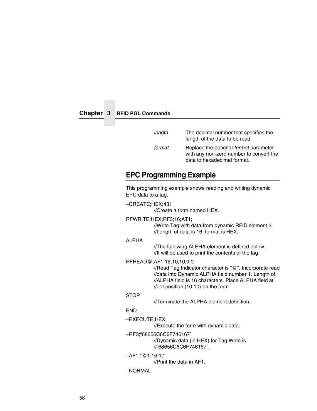 Printronix T5000e setup guide EPC Programming Example, Alpha 