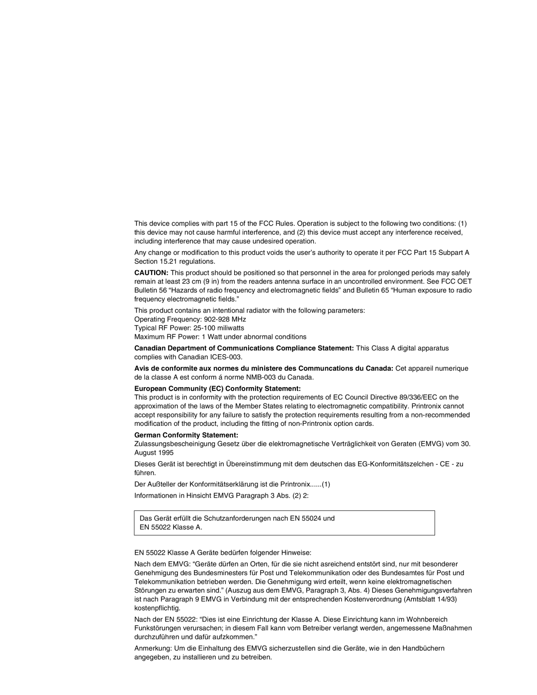 Printronix T5000e setup guide European Community EC Conformity Statement, German Conformity Statement 