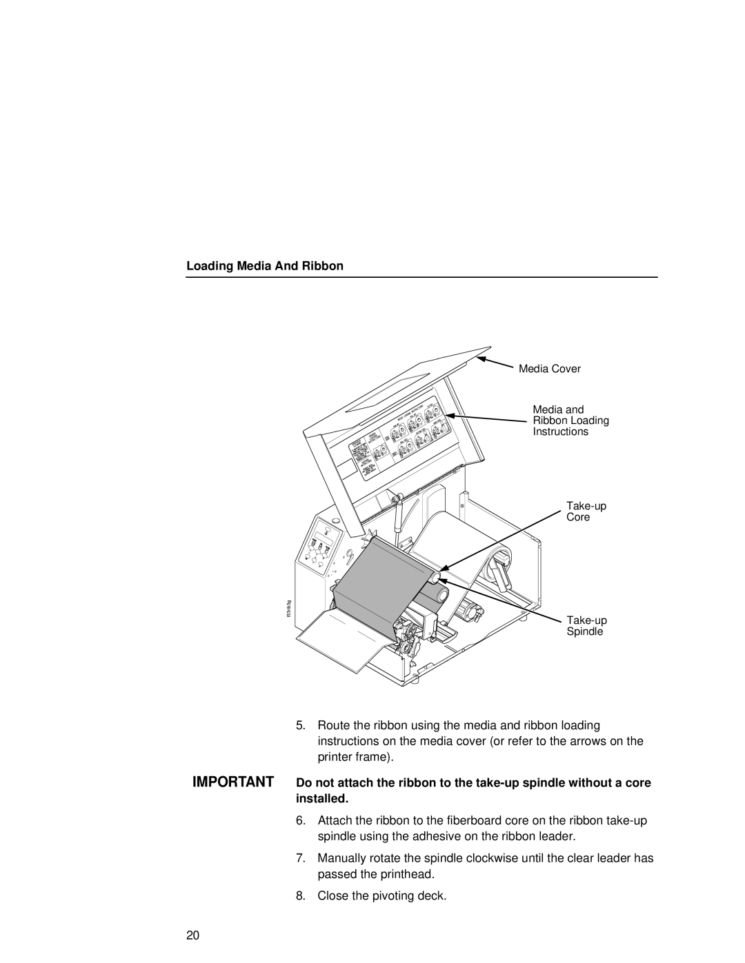 Printronix T5000e setup guide Media Cover Ribbon Loading Instructions Take-up Core Spindle 