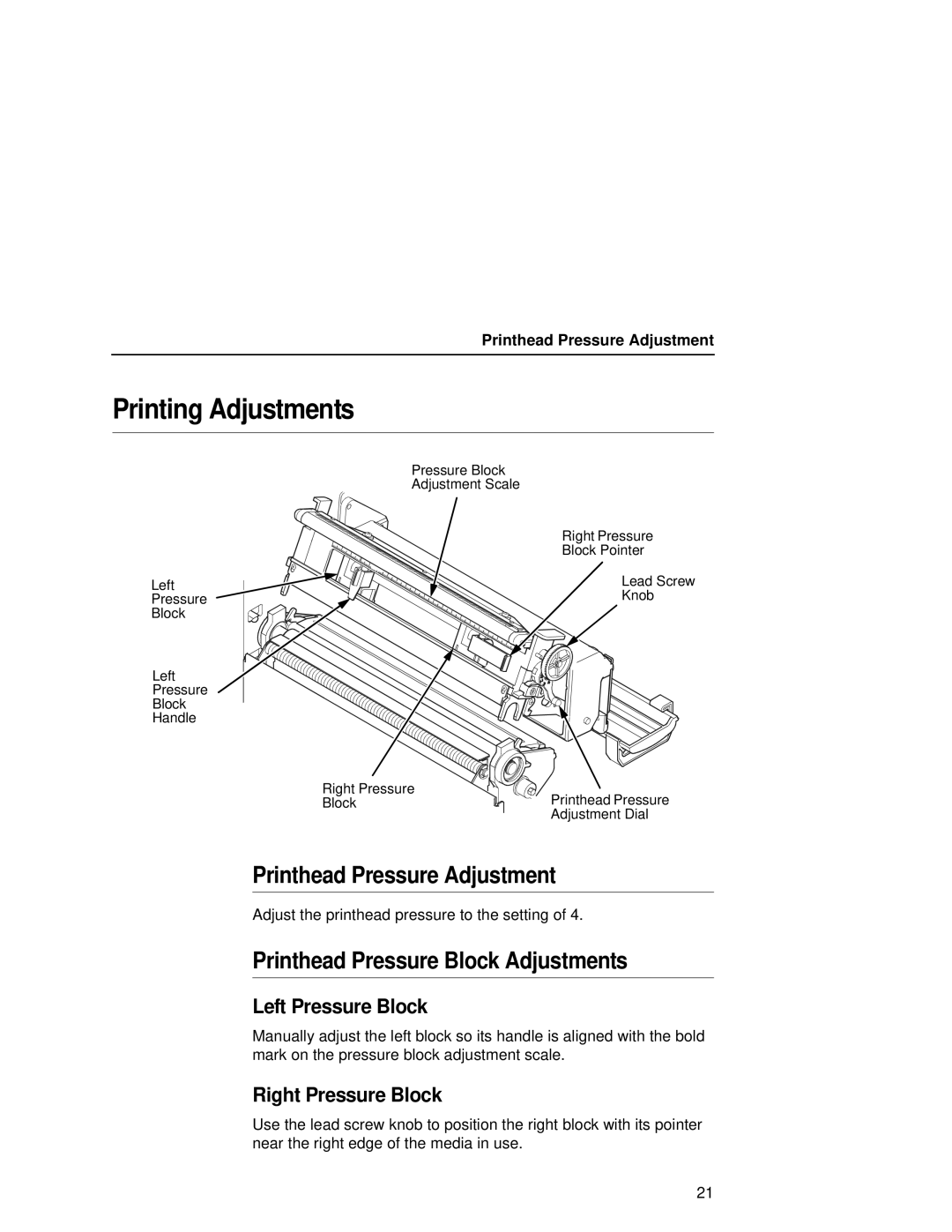 Printronix T5000e setup guide Printhead Pressure Adjustment, Printhead Pressure Block Adjustments 