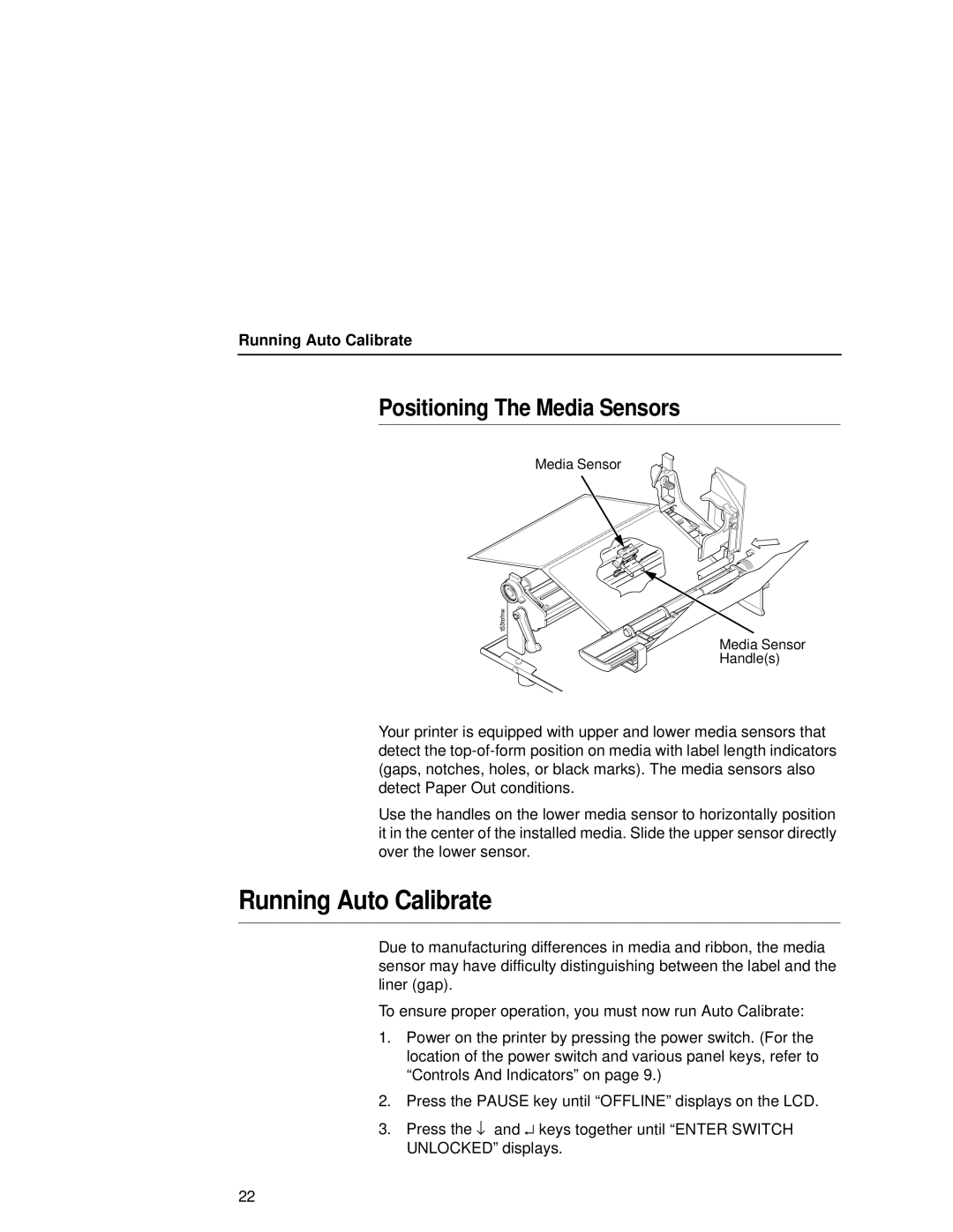 Printronix T5000e setup guide Running Auto Calibrate, Positioning The Media Sensors 