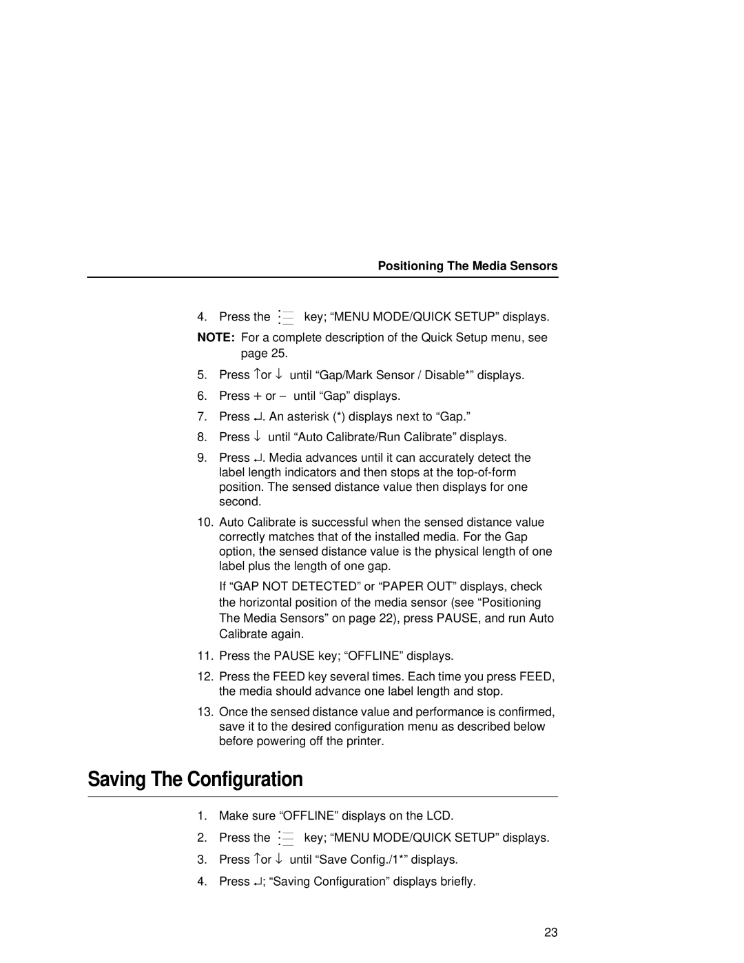 Printronix T5000e setup guide Saving The Configuration, Positioning The Media Sensors 