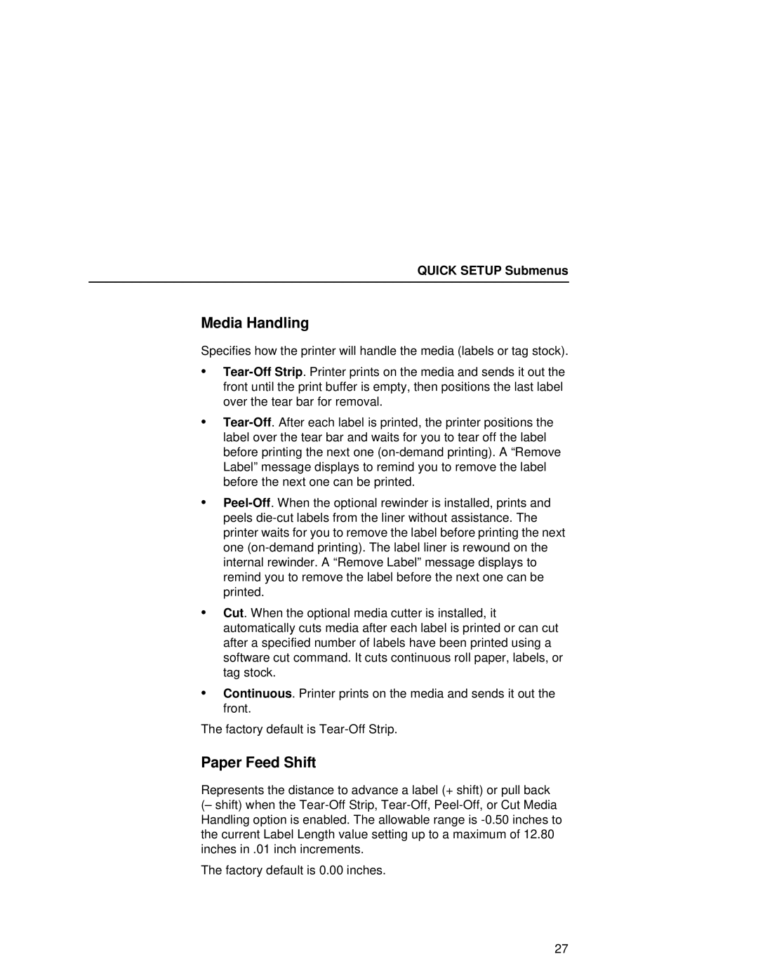 Printronix T5000e setup guide Media Handling, Paper Feed Shift 