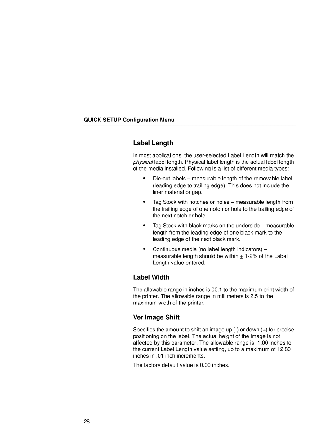 Printronix T5000e setup guide Label Length, Label Width, Ver Image Shift 