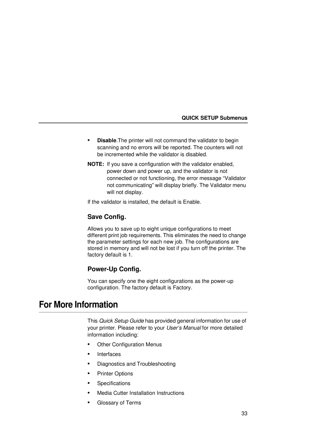 Printronix T5000e setup guide For More Information, Save Config, Power-Up Config 