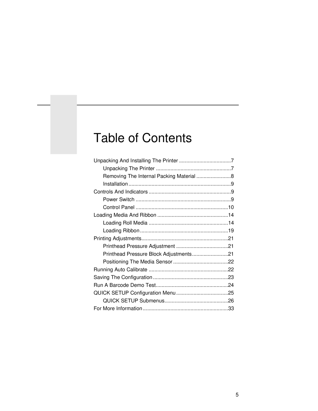 Printronix T5000e setup guide Table of Contents 