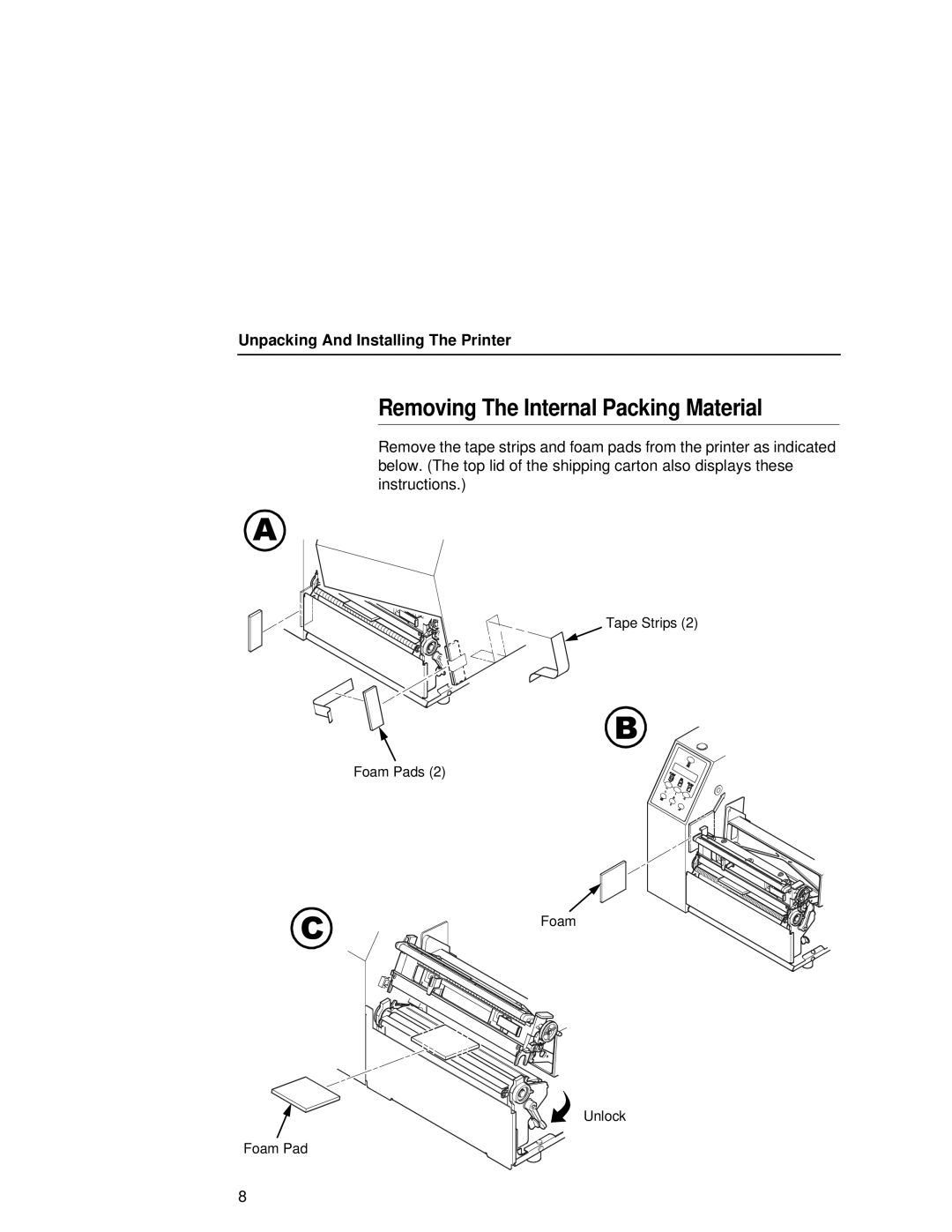 Printronix T5000e setup guide Removing The Internal Packing Material 