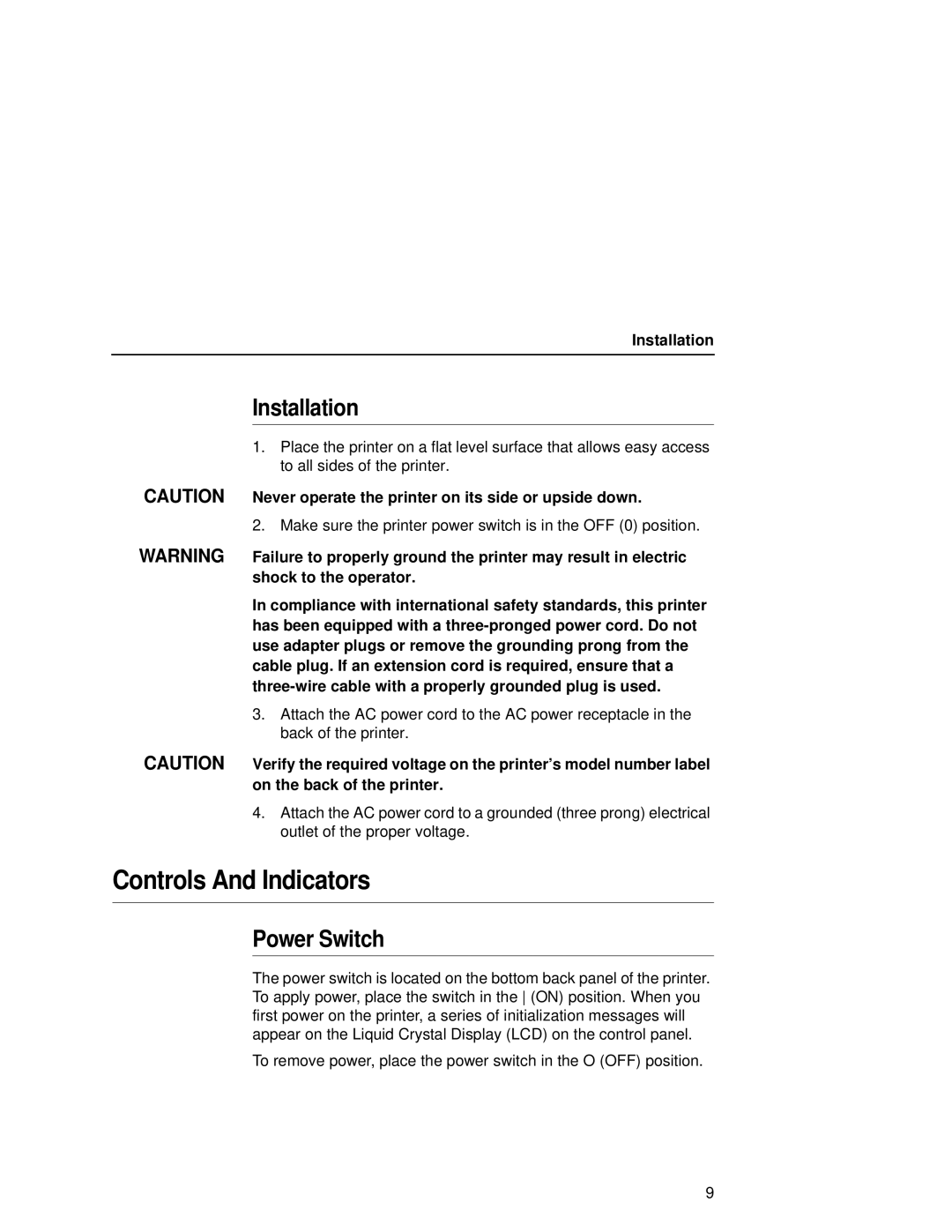 Printronix T5000e setup guide Controls And Indicators, Installation, Power Switch 