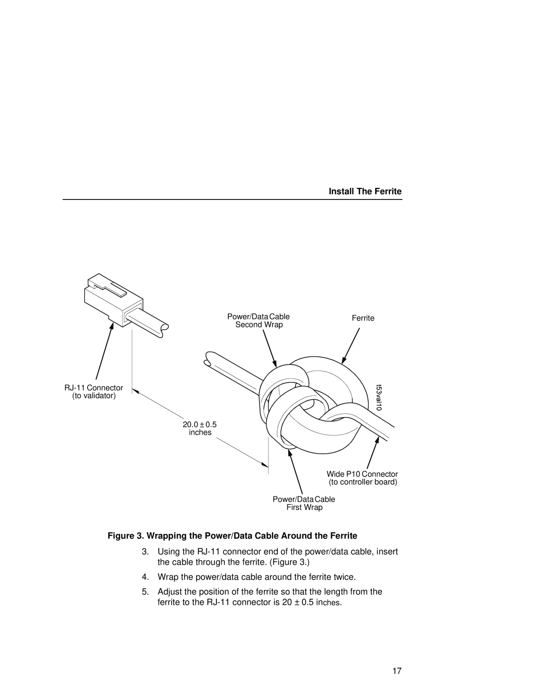 Printronix T5000R user manual Install The Ferrite, Wrapping the Power/Data Cable Around the Ferrite 