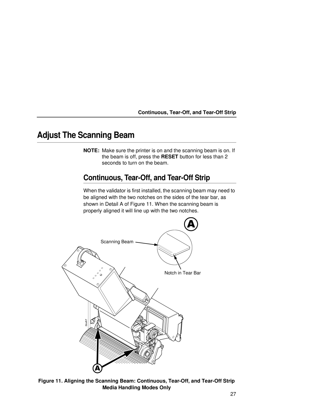 Printronix T5000R user manual Adjust The Scanning Beam, Continuous, Tear-Off, and Tear-Off Strip 