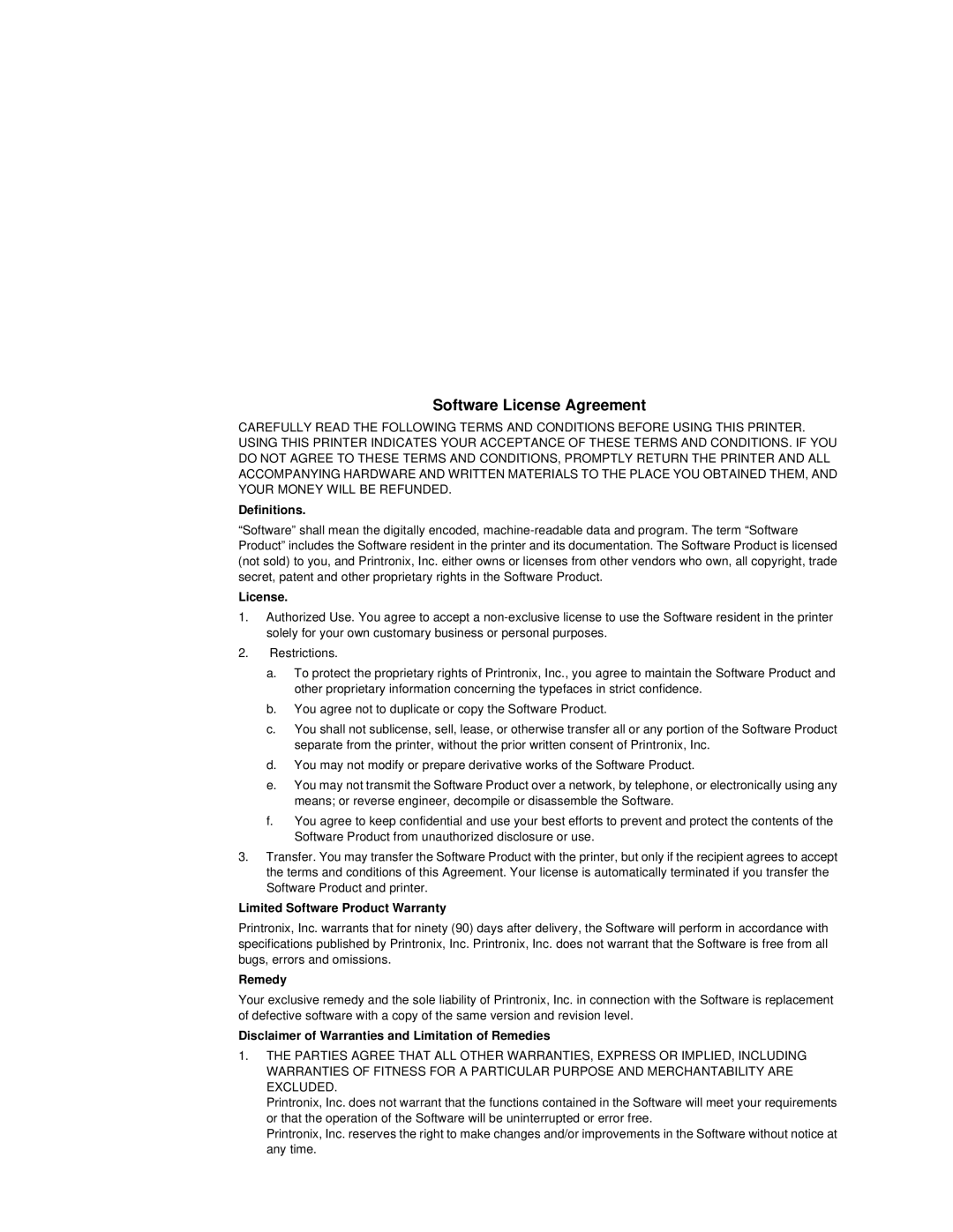 Printronix T5000R user manual Software License Agreement, Definitions 