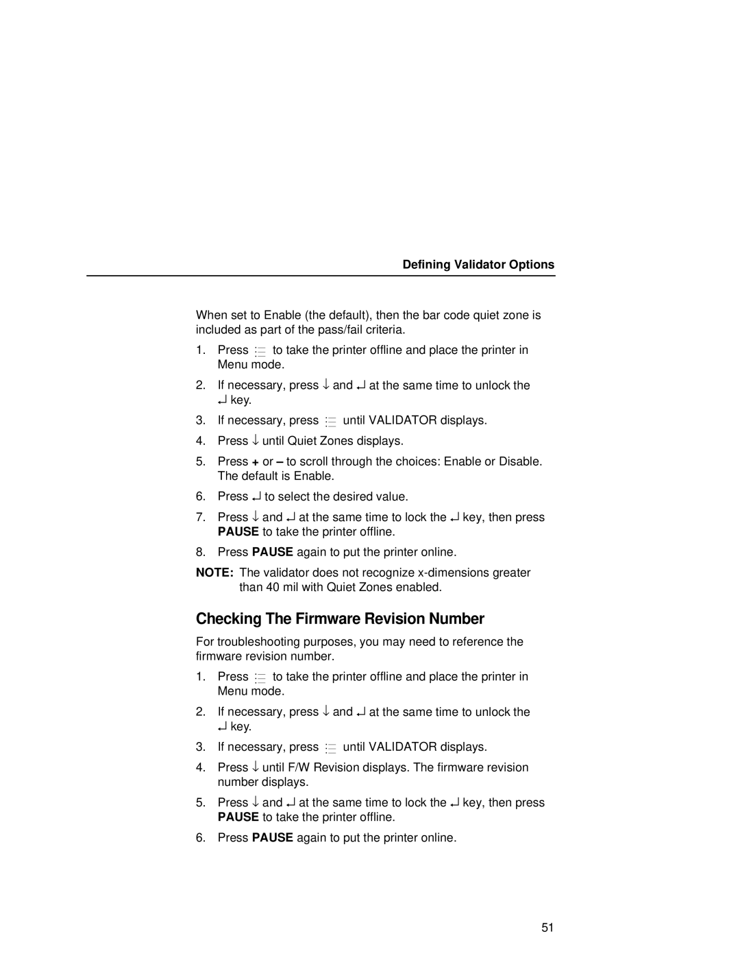 Printronix T5000R user manual Checking The Firmware Revision Number, Defining Validator Options 