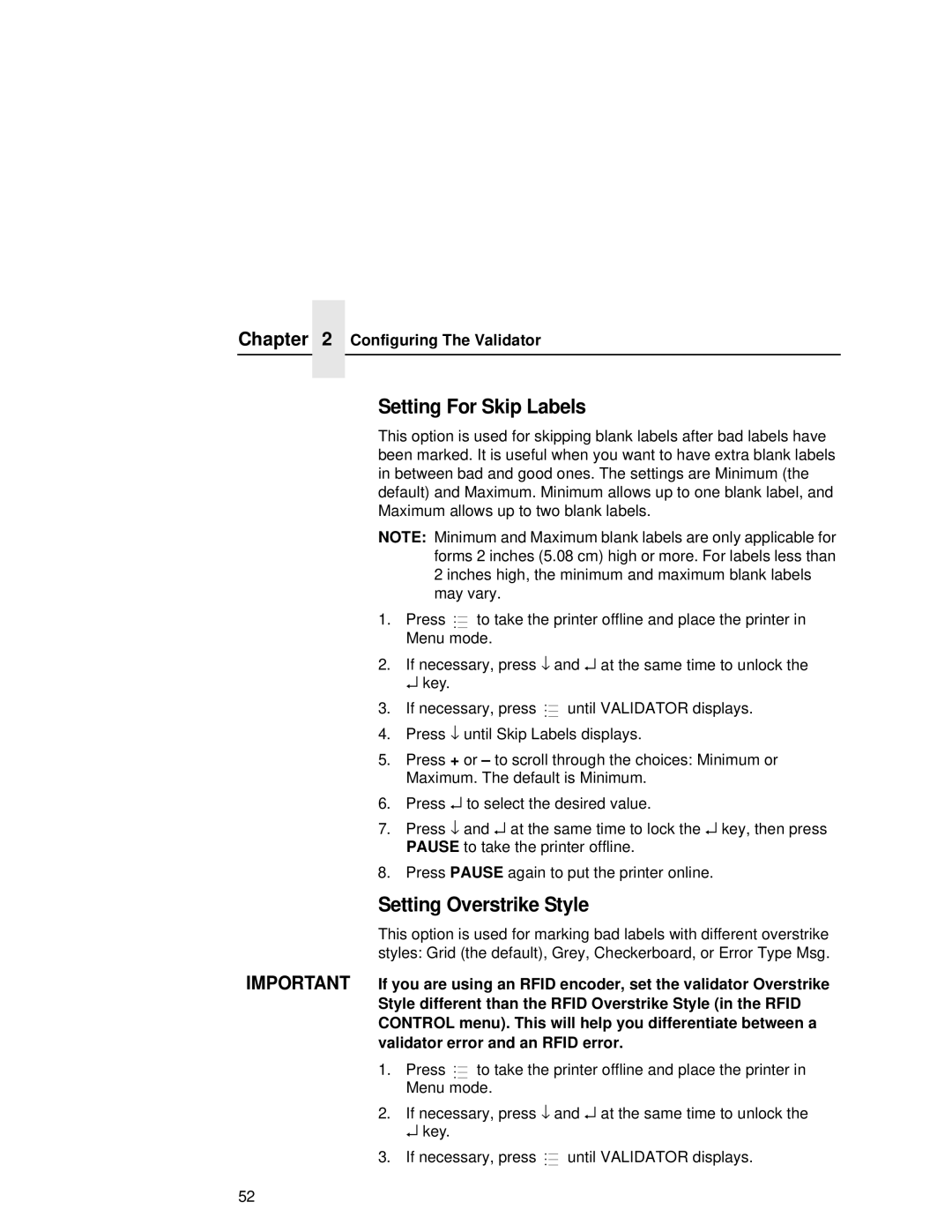 Printronix T5000R user manual Setting For Skip Labels, Setting Overstrike Style 