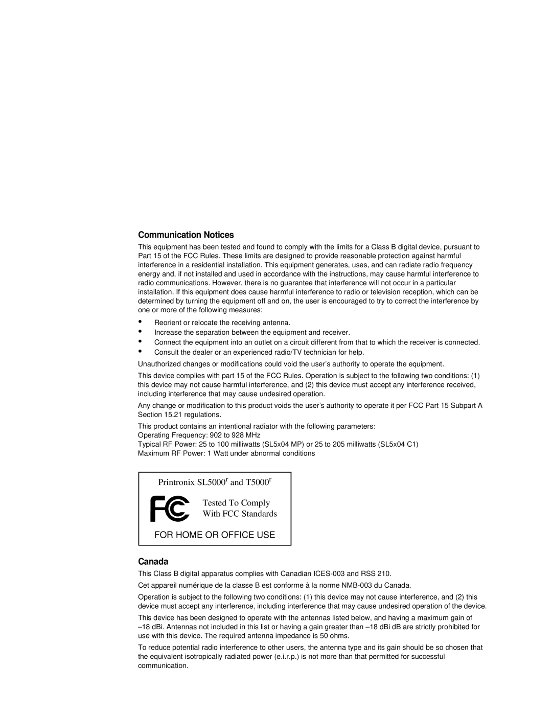 Printronix T5000R user manual Communication Notices, Canada 