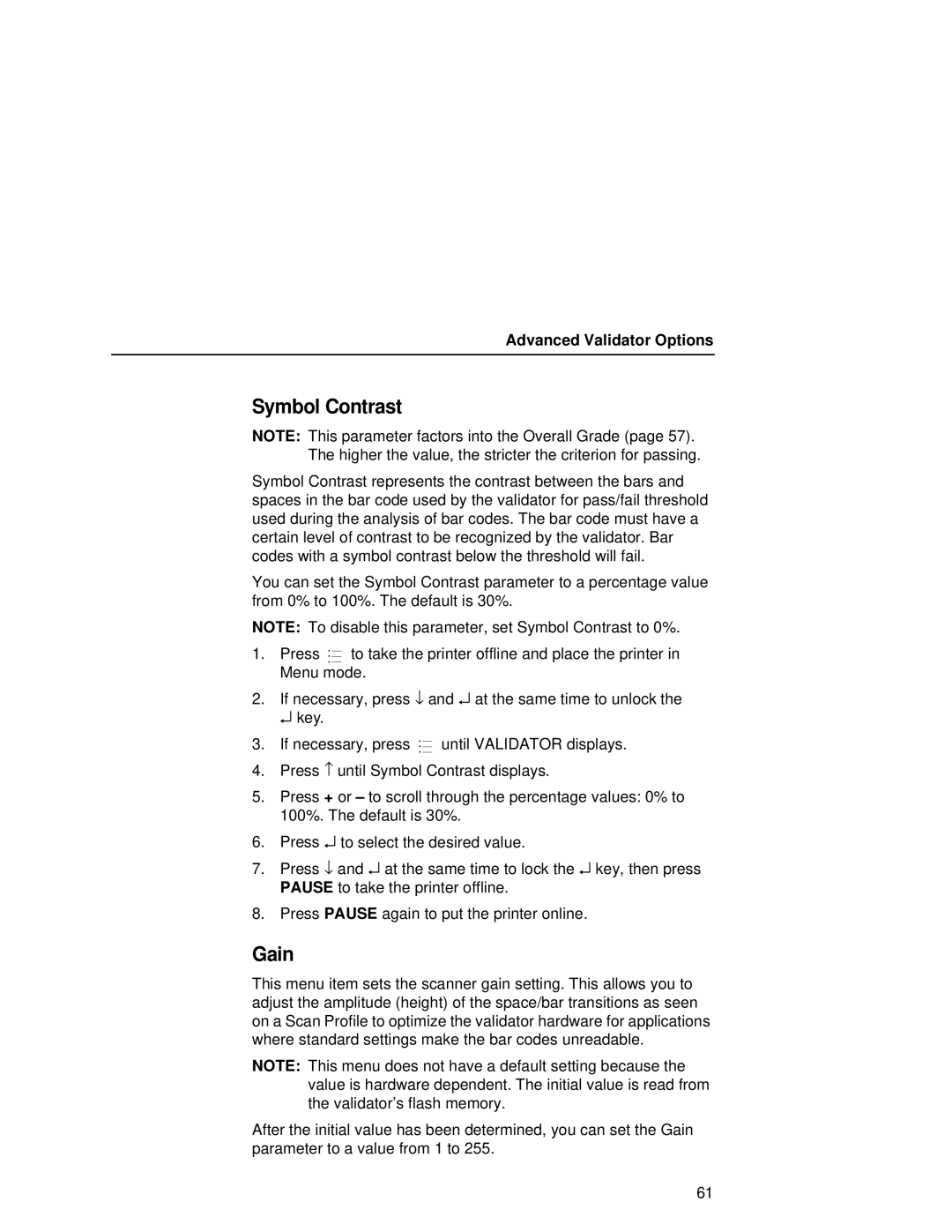 Printronix T5000R user manual Symbol Contrast, Gain 