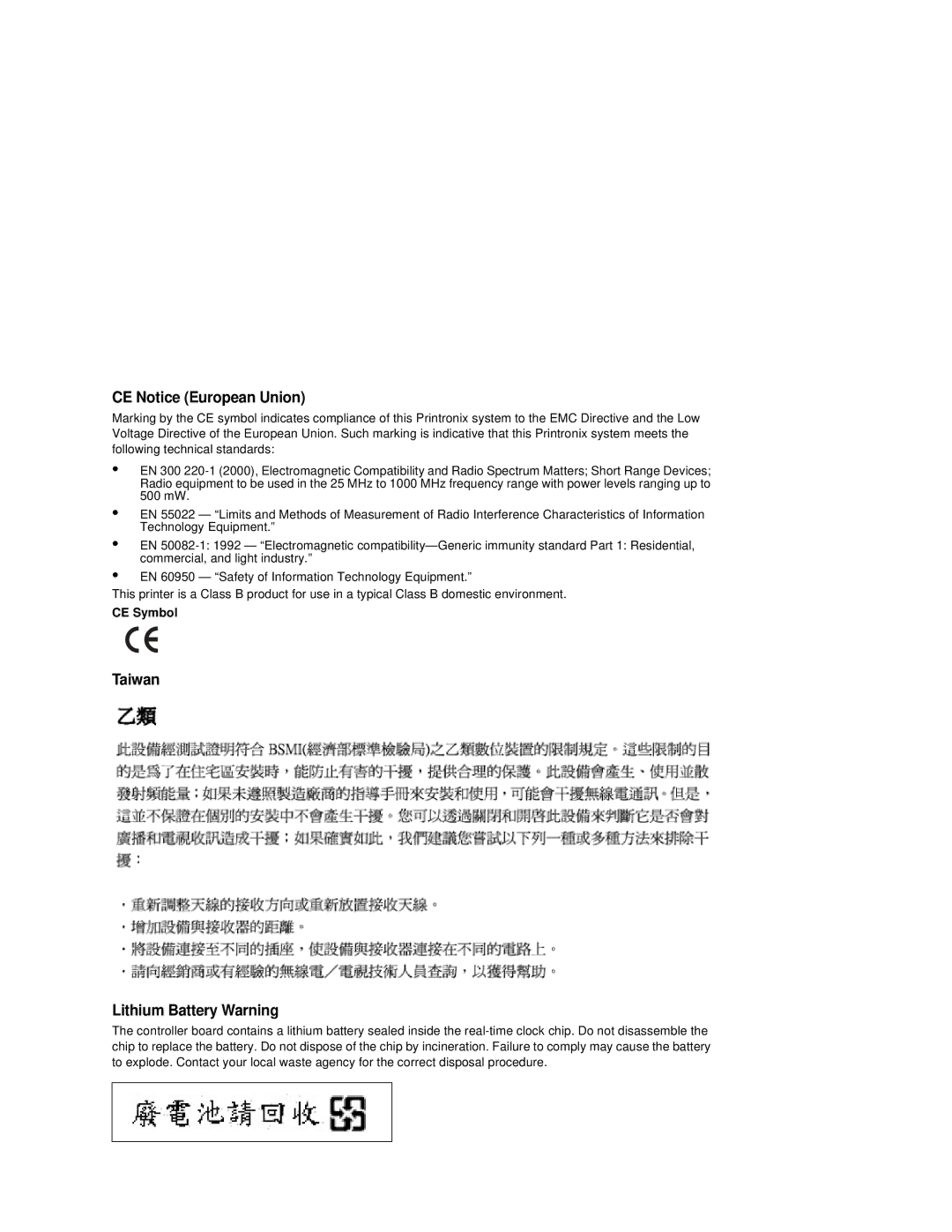 Printronix T5000R user manual CE Notice European Union, Taiwan Lithium Battery Warning 