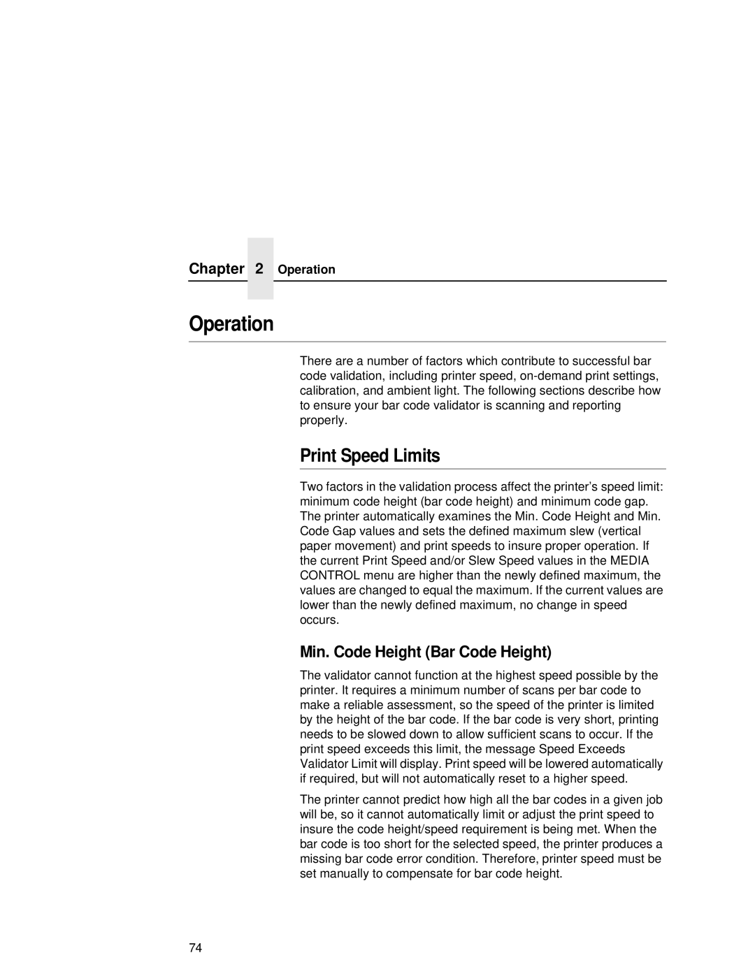 Printronix T5000R user manual Operation, Print Speed Limits, Min. Code Height Bar Code Height 