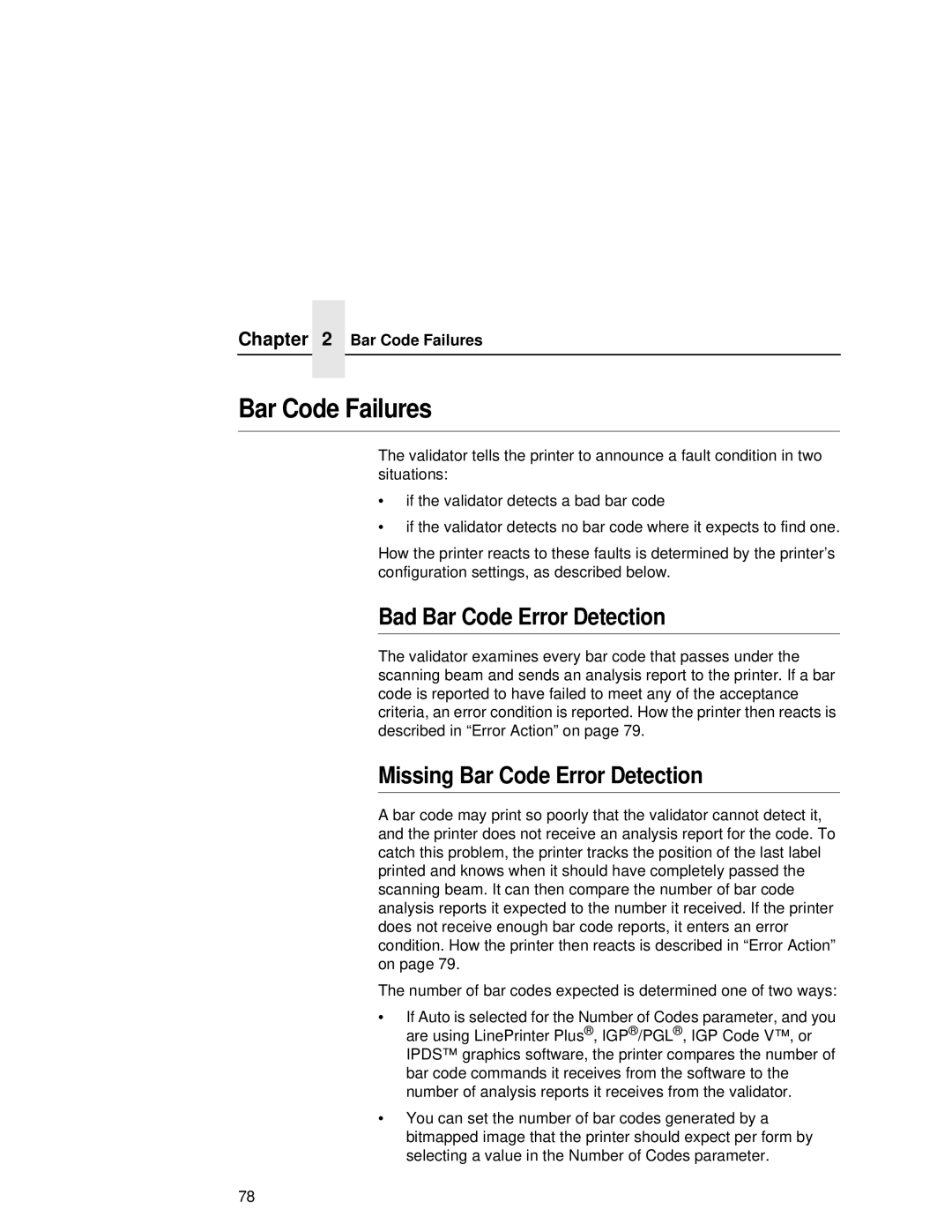 Printronix T5000R user manual Bar Code Failures, Bad Bar Code Error Detection, Missing Bar Code Error Detection 