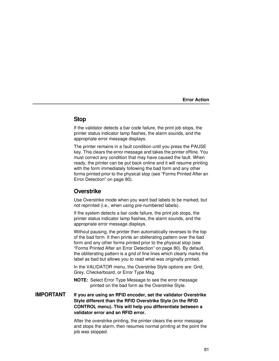 Printronix T5000R user manual Stop, Overstrike 