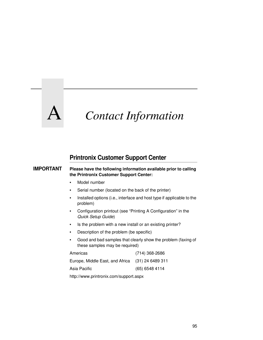 Printronix T5000R user manual Contact Information, Printronix Customer Support Center 