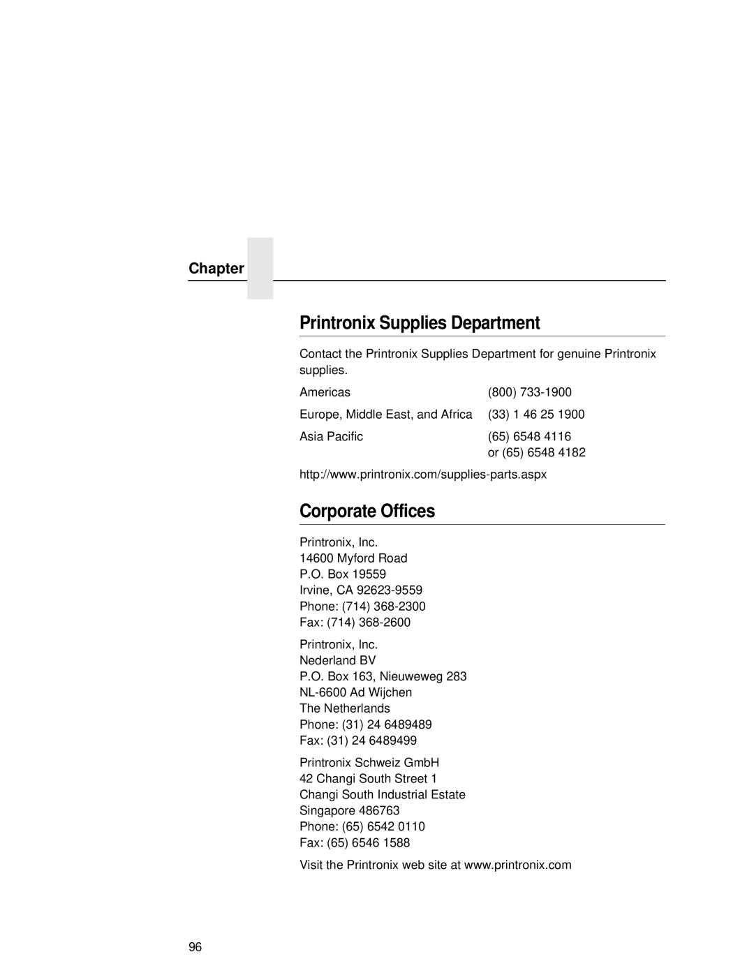 Printronix T5000R user manual Printronix Supplies Department, Corporate Offices 