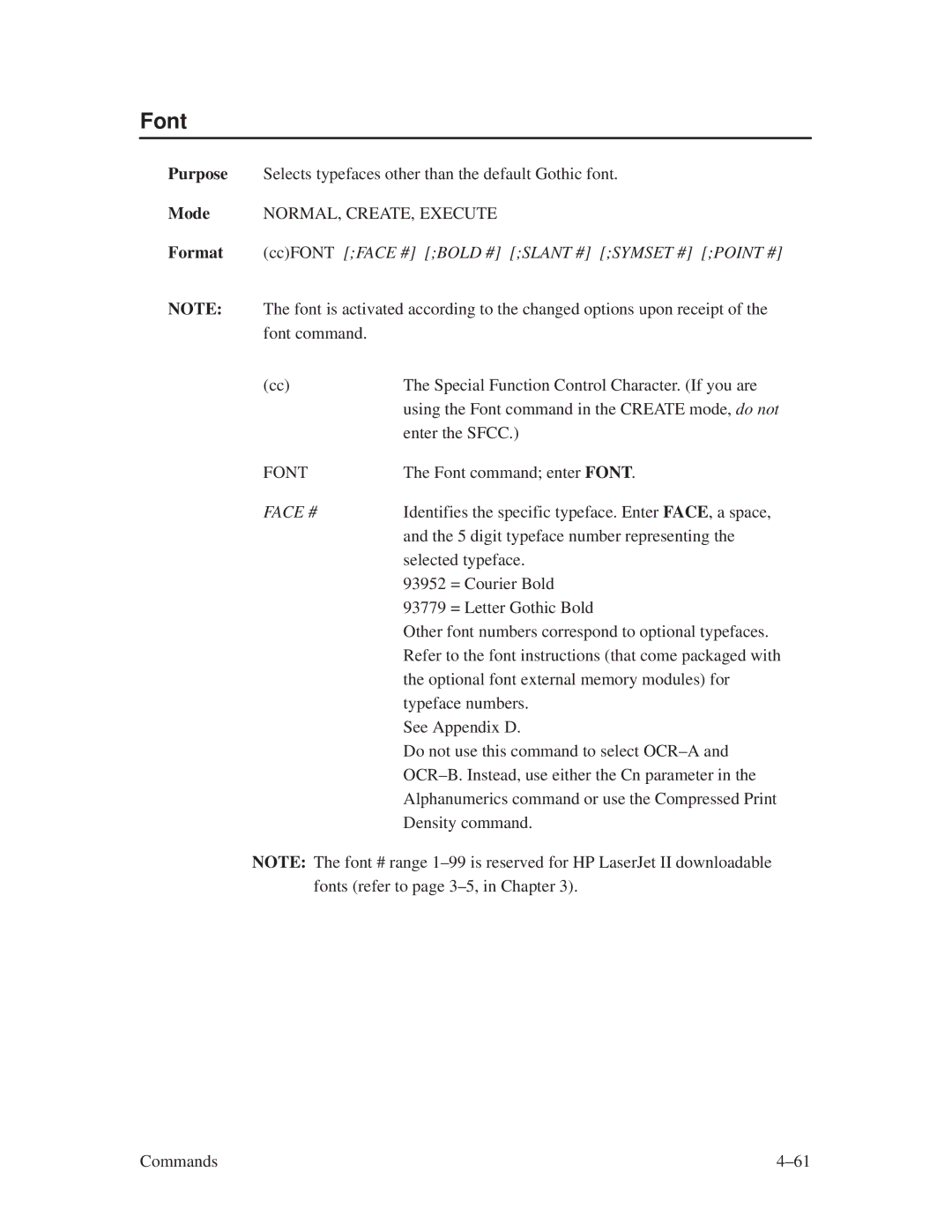 Printronix ThermaLine Series manual Font, Format ccFONT Face # Bold # Slant # Symset # Point # 