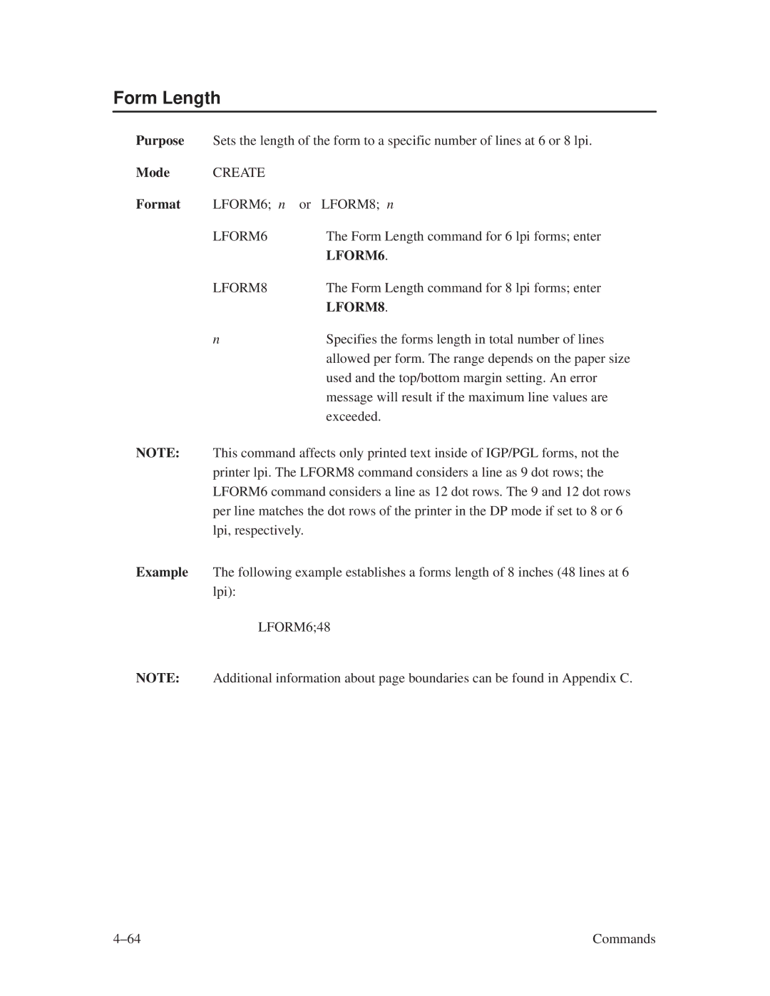 Printronix ThermaLine Series manual Form Length, LFORM8, LFORM648 