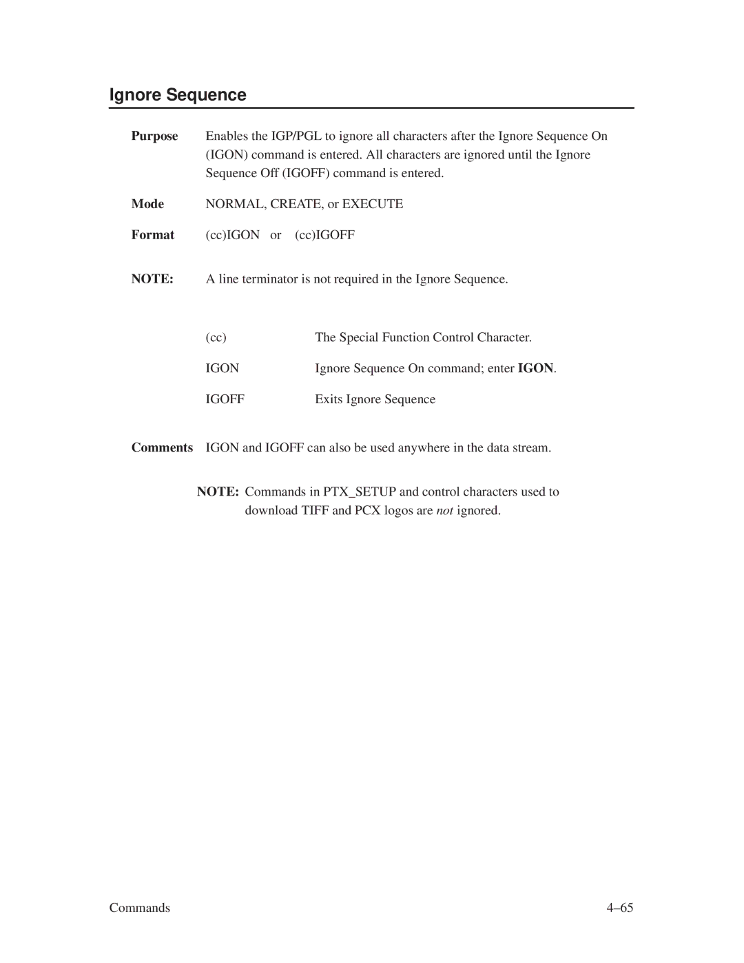 Printronix ThermaLine Series manual Ignore Sequence, Igon, Igoff 