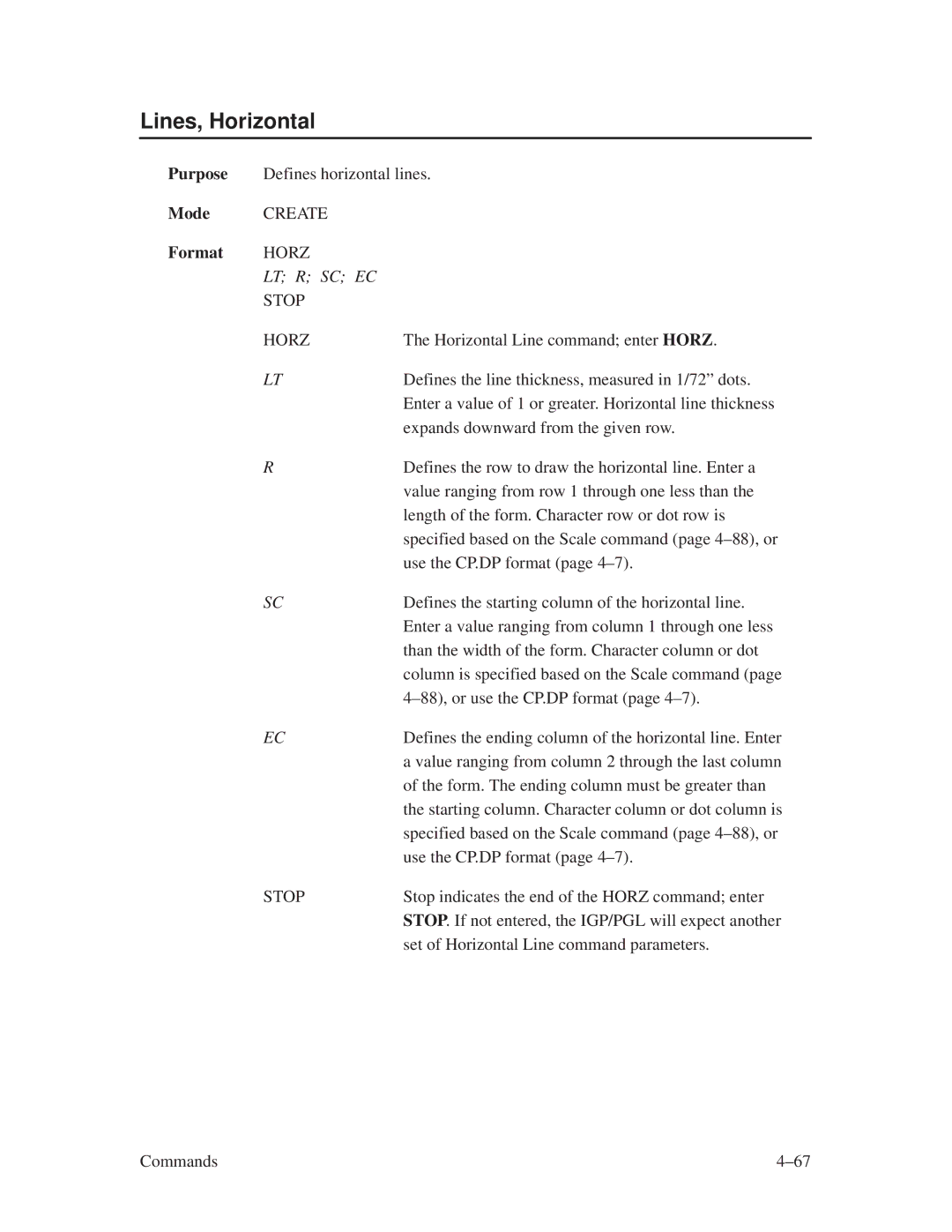 Printronix ThermaLine Series manual Lines, Horizontal, Lt R Sc Ec, Stop Horz 