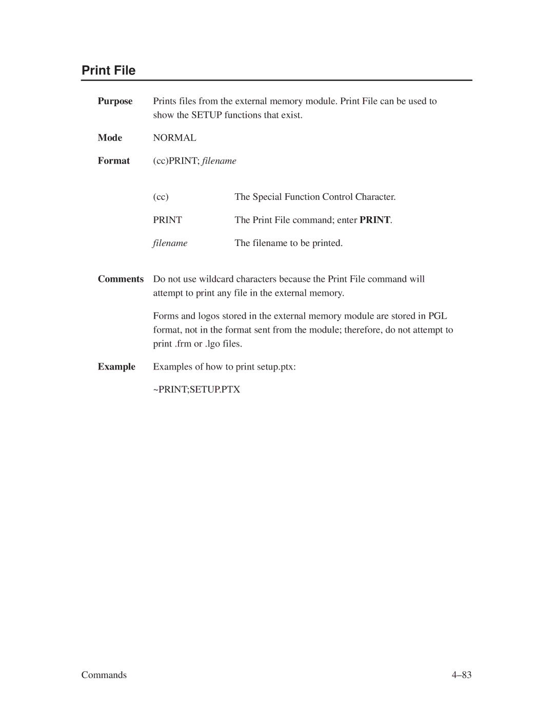 Printronix ThermaLine Series manual Print File, Filename, ~Printsetup.Ptx 