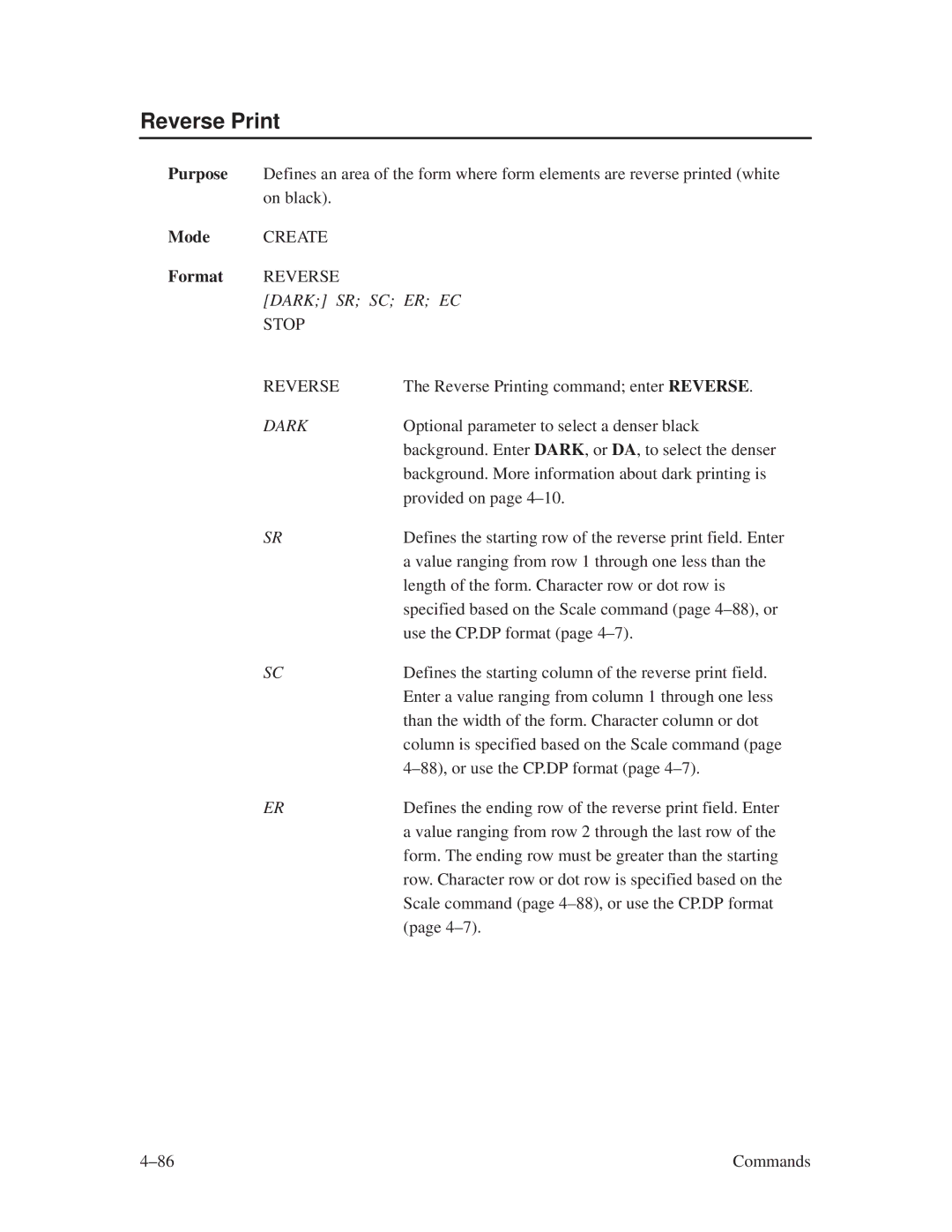 Printronix ThermaLine Series manual Reverse Print, Dark SR SC ER EC, Stop Reverse 